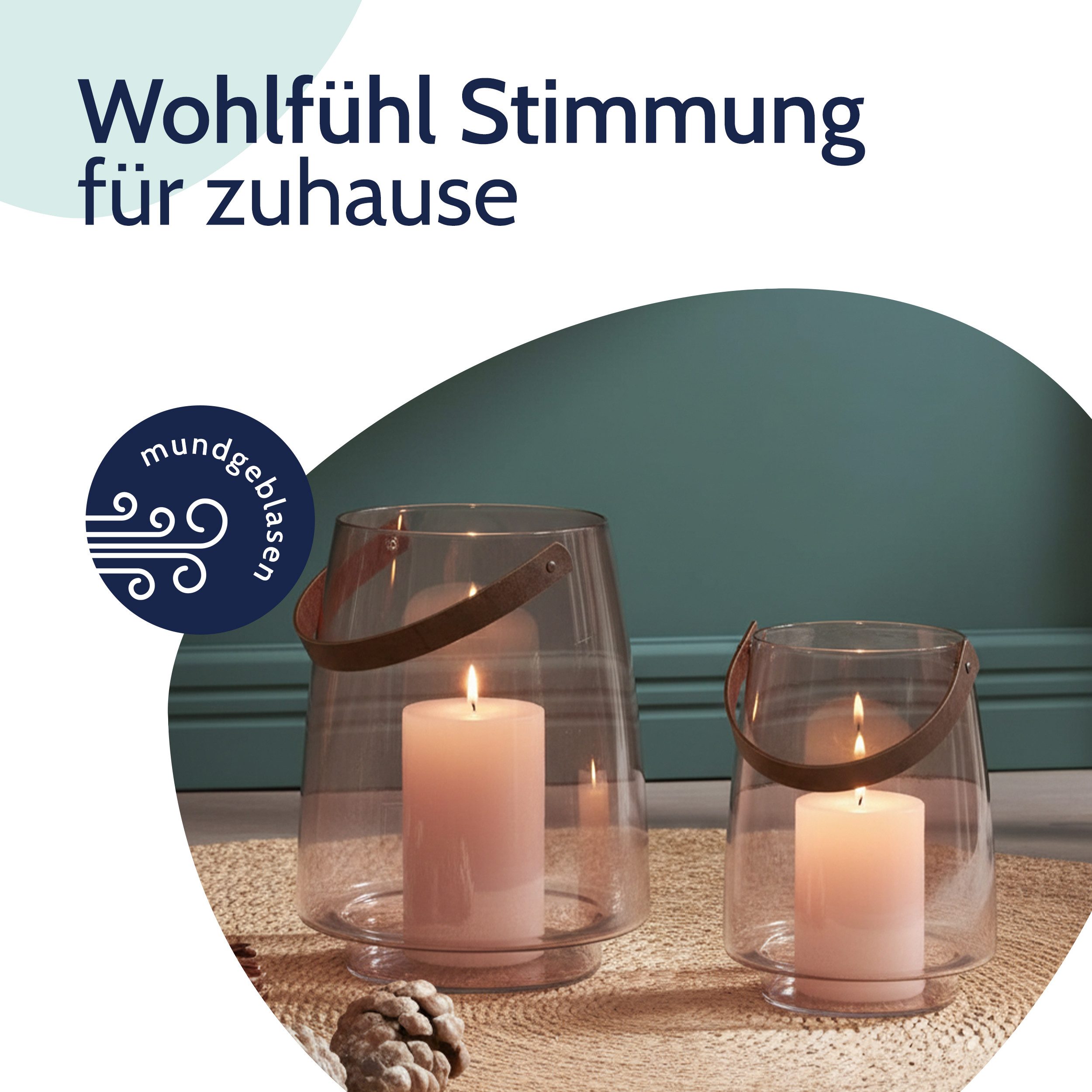 coco+cozy Bodenwindlicht Windlicht Linnea L/L Ø 22,5x28cm, mundgeblasenes Glas, mundgeblasen, Designobjekt, Henkel aus Leder