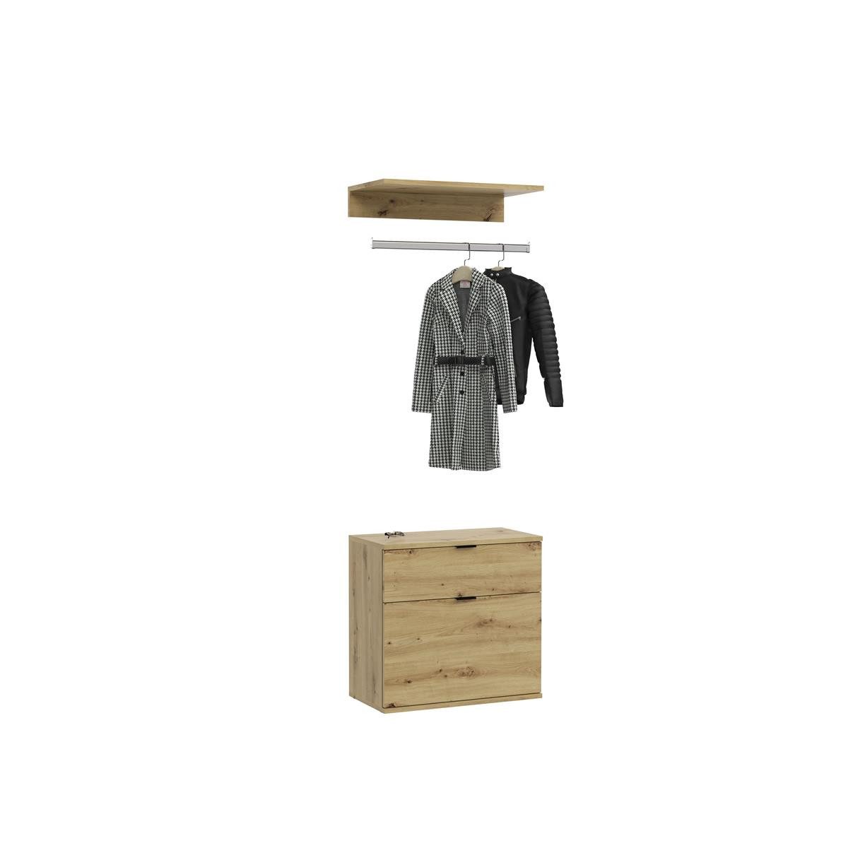möbelvita Garderobenschrank Vision X Kommode + Garderobenstange B/H/T 61x62+3+14x34 in Artisan