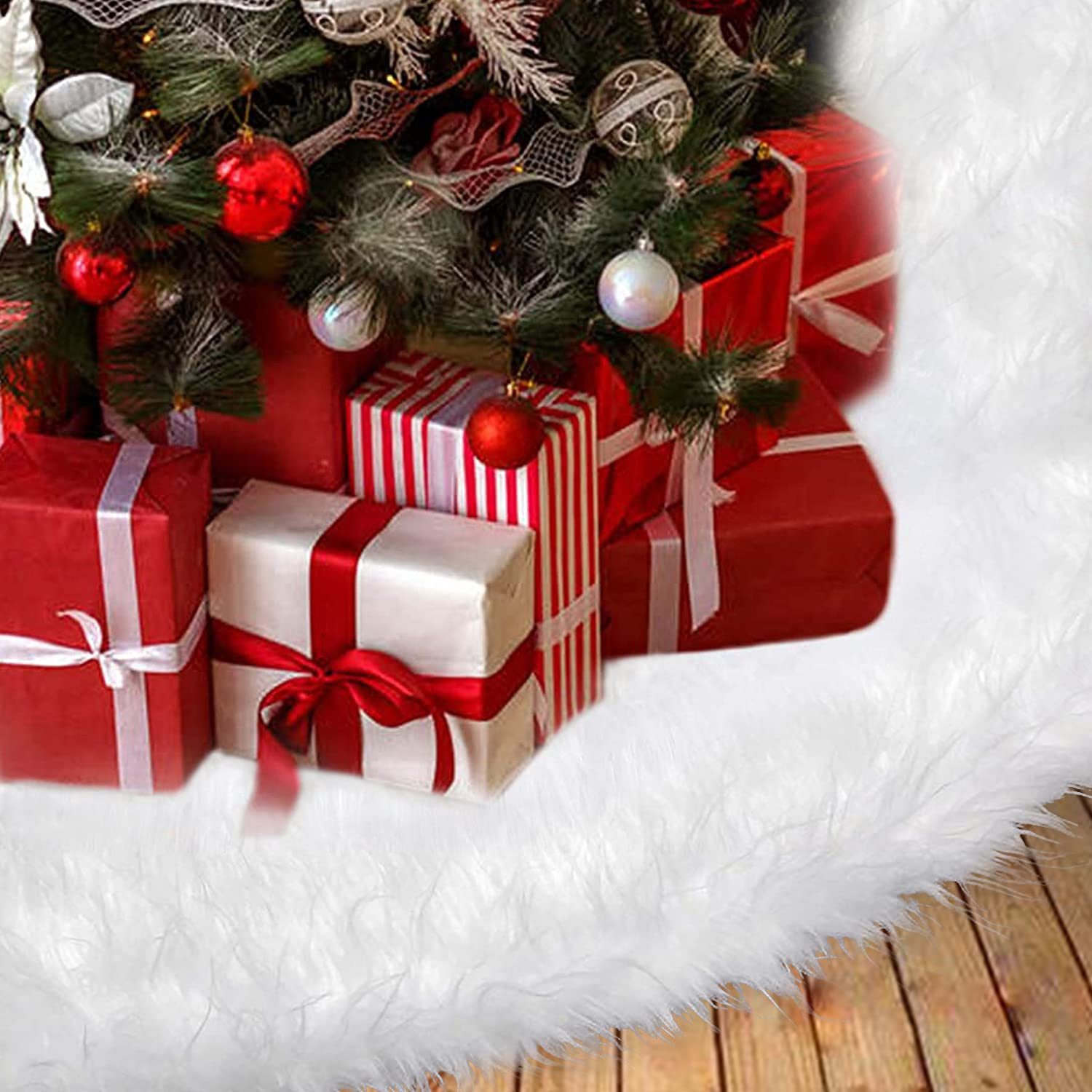 FOUORTUNATE-BEE Weihnachtsbaumdecke Runde Form Schneeflocke Weiß Plüsch Christbaumständer Teppich, für Weihnachtsfeiertag Dekorationen Weihnachtsbaumrock Baumdecke