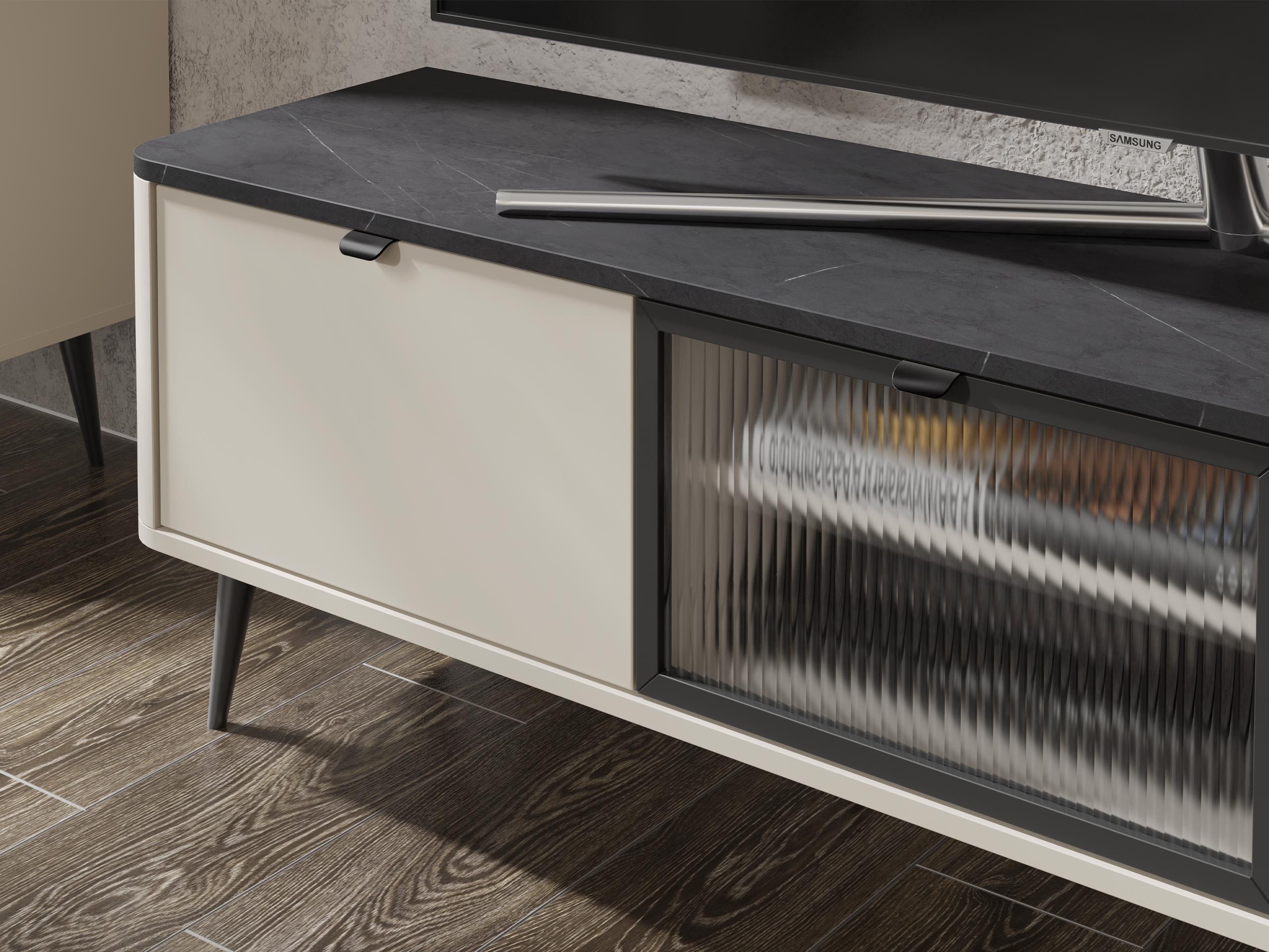 MIRJAN24 TV-Schrank Marly 2K1W RE12 (mit drei Klappen) Fronten mit gehärtetem Glas 4 mm