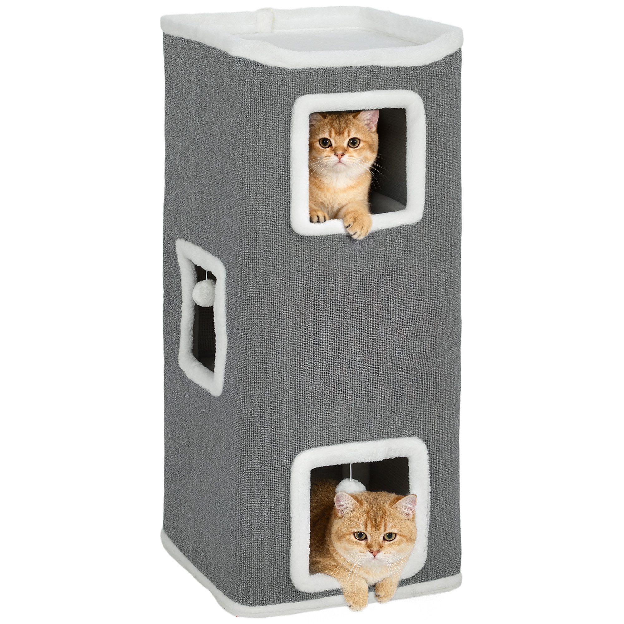 PawHut Kratztonne mit Spielball, Plüschrand, Katzenhöhle, (vierstöckige Katzentonne, 1-tlg., Kratzbaum), 100 cm Hoch 41 x 41 cm, für 1-2 Katzen unter 7kg, Grau