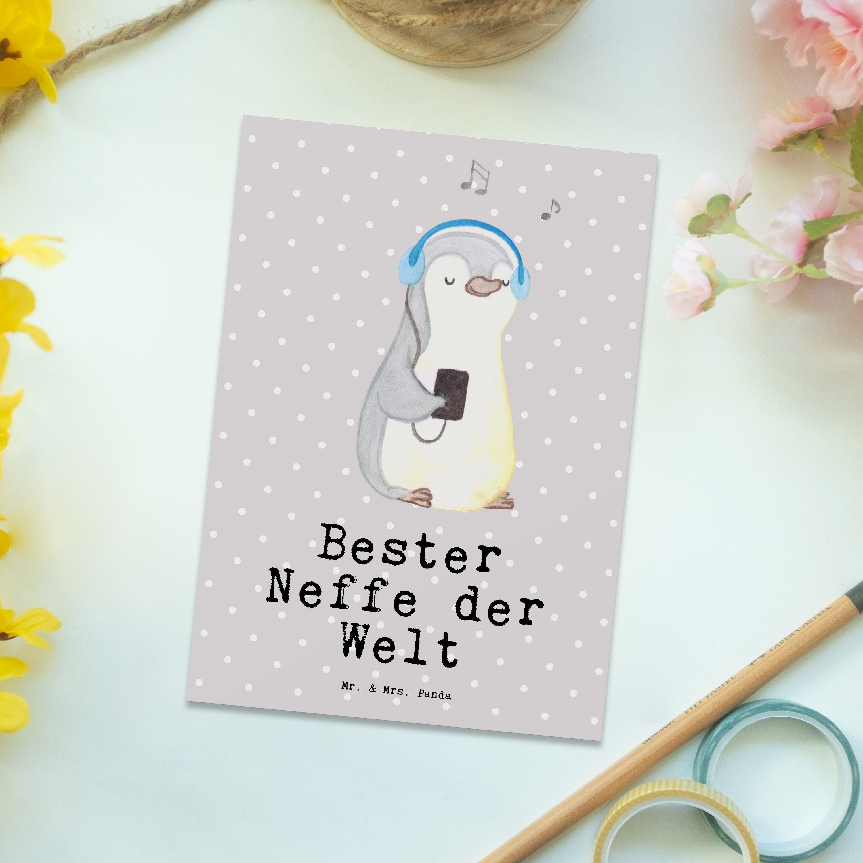Mr. der - Postkarte Bester Grau Einladungska - Pinguin Geschenk, Panda Neffe Welt & Pastell Mrs.