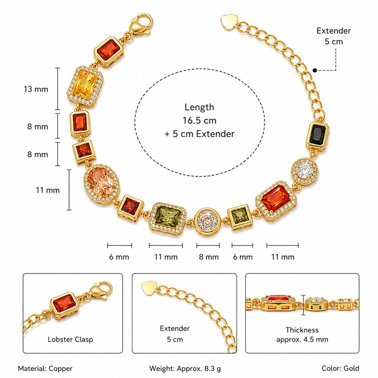 RAIKOU Collier Damen Zirkonia Schmuckset, Halskette /Armband, gold/silberfarben, Farbige Zirkonia-Steine
