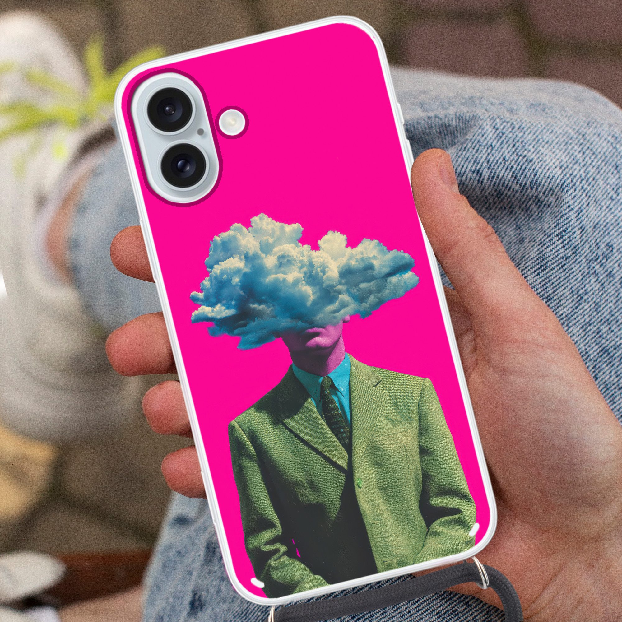 MuchoWow Handyhülle für Apple iPhone 16 Plus Mann - Anzug - Wolke - Rosa, Tragbare Handyhüllen mit Kette zum umhängen, Handykette Handyband