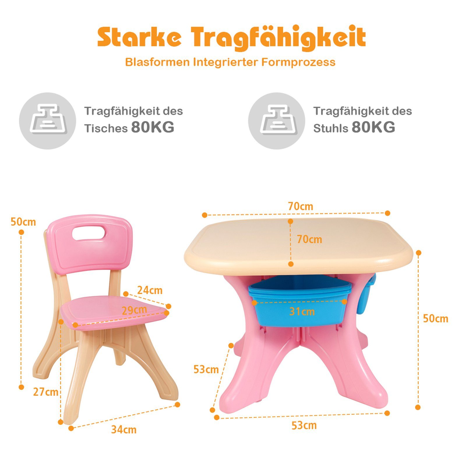 Stauraum, 2 COSTWAY Rosa mit Kindersitzgruppe, mit Stühlen&Kindertisch, Kunststoff