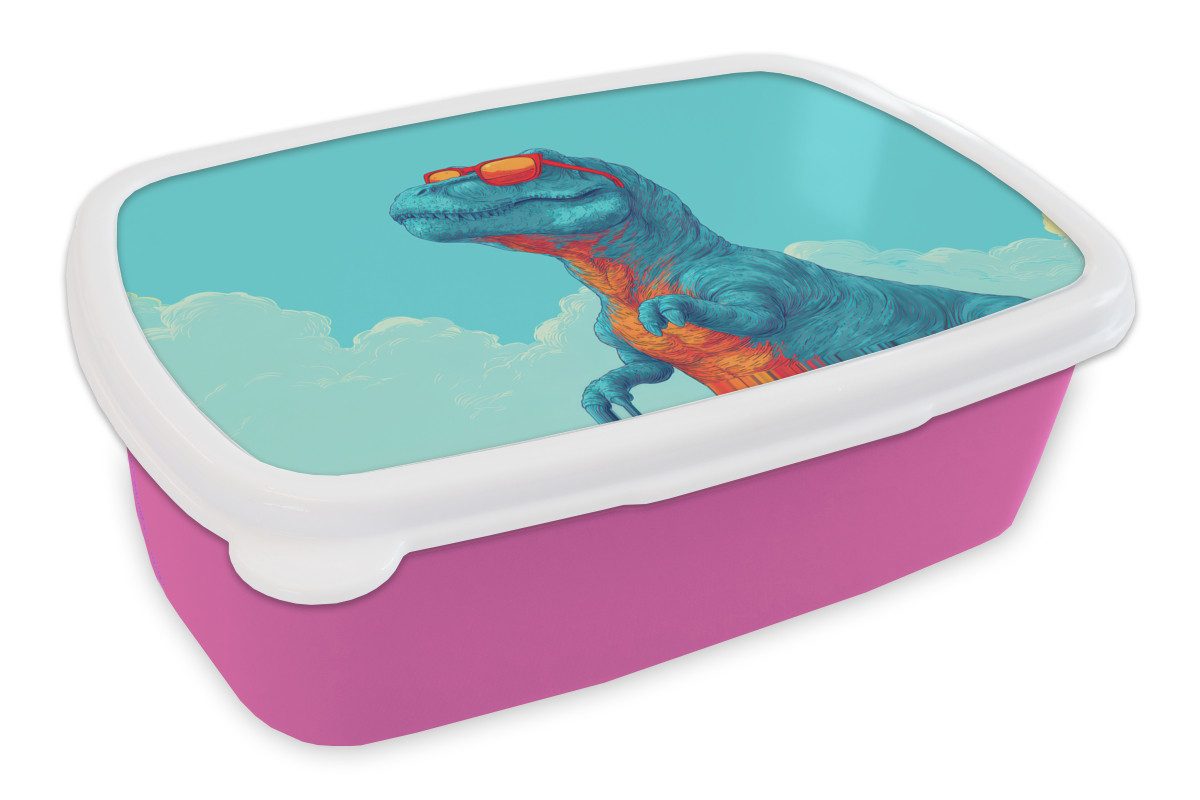 MuchoWow Lunchbox T-Rex - Blau - Wolken - Sonnenbrille, Kunststoff, (2-tlg), Brotdosen, Lunch Box, Brotbox für Kinder und Erwachsene