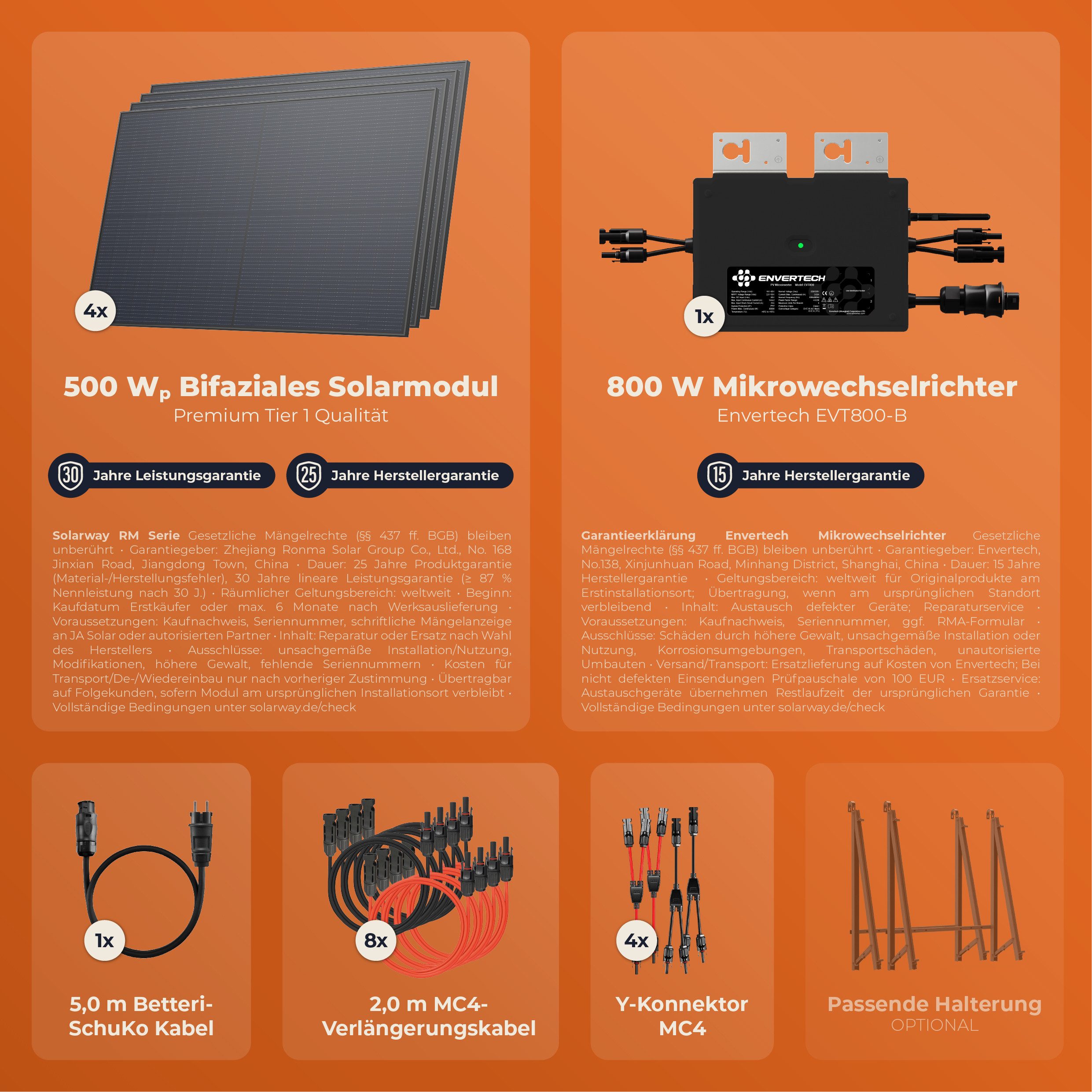 Solarway Balkonkraftwerk 2000W / 800W komplett Steckdose - neuester 800W Wechselrichter, 2000 W, Monokristallin, (Komplettset, bifaziale Solarmodule & Envertech – Bild 5 von 5