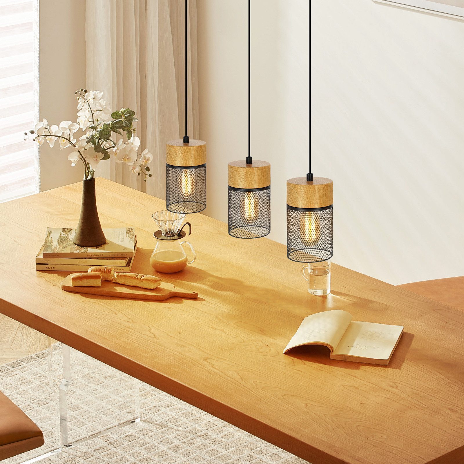 ZMH Pendelleuchte aus Holz mit 1/3 Flammen, Hängeleuchte in Schwarz mit Holzmaserung, Einfache Installation, ohne Leuchtmittel, Industrial E27 Esstischlampe für Schlafzimmer Küche