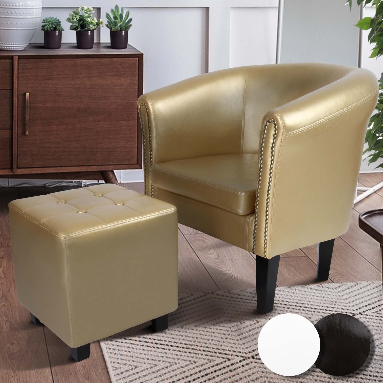 Kupfernieten, Armsessel, Sitzhocker, Sessel - Weiß, inkl. Hocker mit Clubsessel, Farbwahl Chesterfield Wohnzimmer MIADOMODO - (Braun, Chesterfield-Sessel Möbel Holz Kunstleder, Cocktailsessel, Gold) und aus Loungesessel