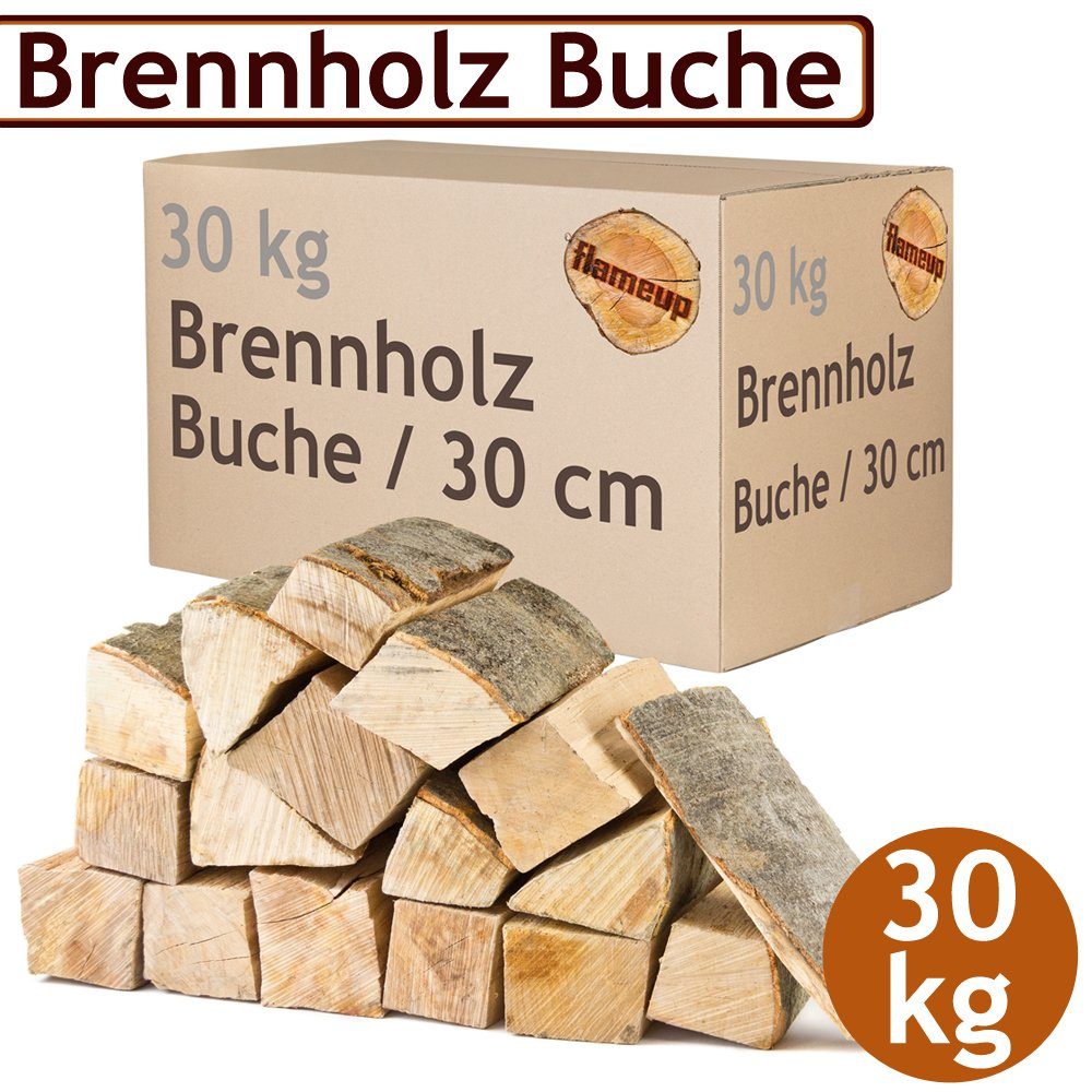 Flameup Kaminholz Brennholz Kaminholz Holz 30 kg Ofen Kamin Kaminofen Grill Buche 30 cm, 30 kg
