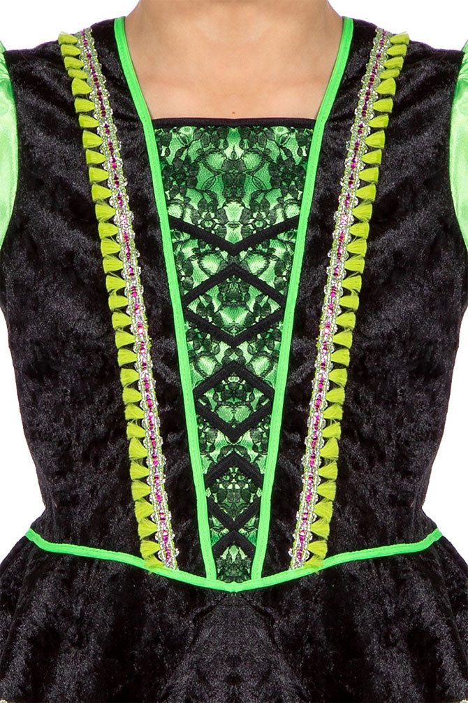 Karneval-Klamotten Hexen-Kostüm Mädchen grün schwarz kurz hochwertig mit Hexenhut, Freches kurzes Hexenkleid Kinderkostüm Mädchenkostüm Halloween