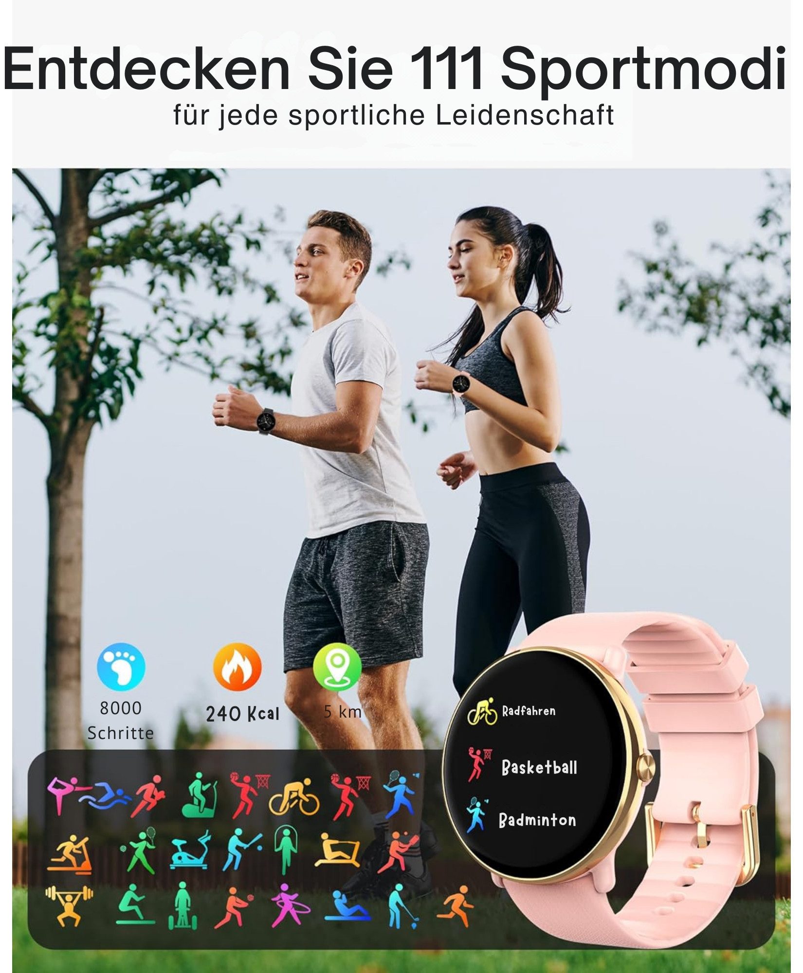 Vivitar Damen & Herren – Fitnessuhr mit Bluetooth-Telefonie, AMOLED-Display Smartwatch 25 Tage Standby, kompatibel mit iOS und Android, Schnellladefunktion, Zyklusverfolgung, Musiksteuerung, über 290 Zifferblätter, 260-mAh-Akku, 111 Sportmodi, IP68-Wasserschutz, Herzfrequenz- und Schlafüberwachung