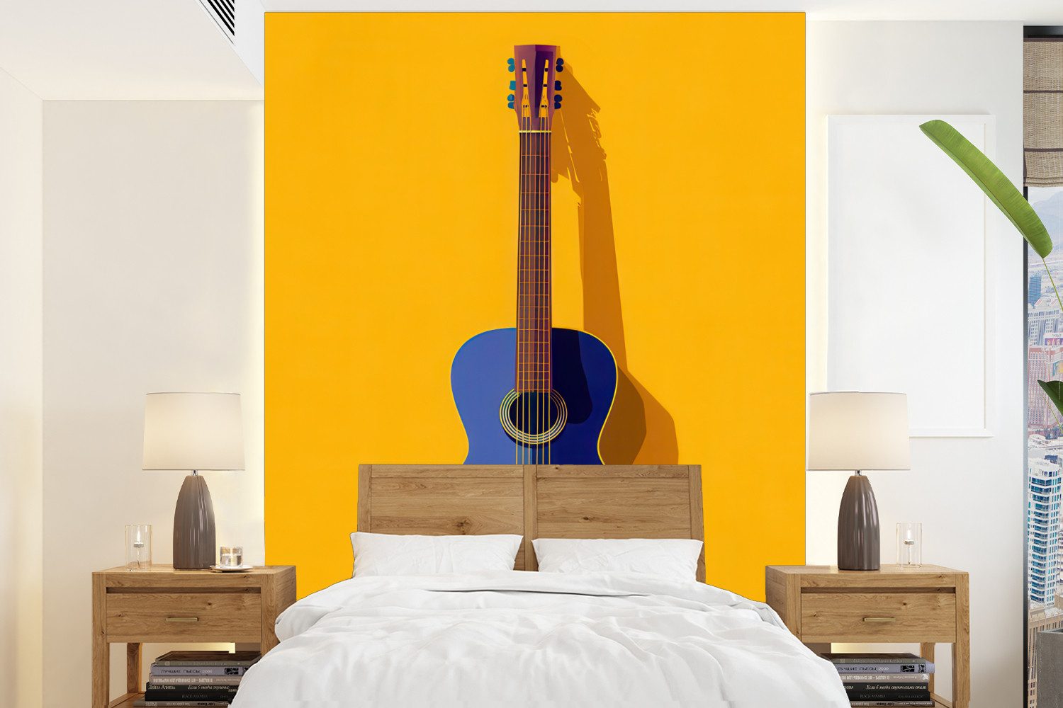 MuchoWow Fototapete Gitarre - Akustisch - Minimalistisch - Gelb, Matt, bedruckt, Wallpaper für Wohnzimmer, Schlafzimmer, Vinyl Tapete, 165x220 cm