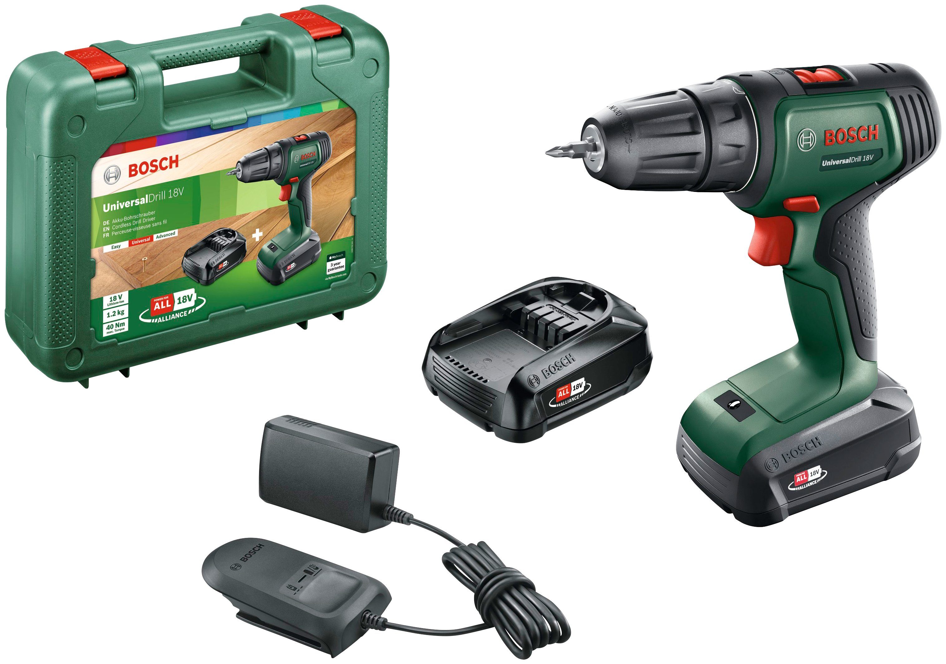 Bosch Home & Garden Akku-Schrauber 2 40 Akkus Ladegerät mit U/min, 18V, Universaldrill und Nm, 1450