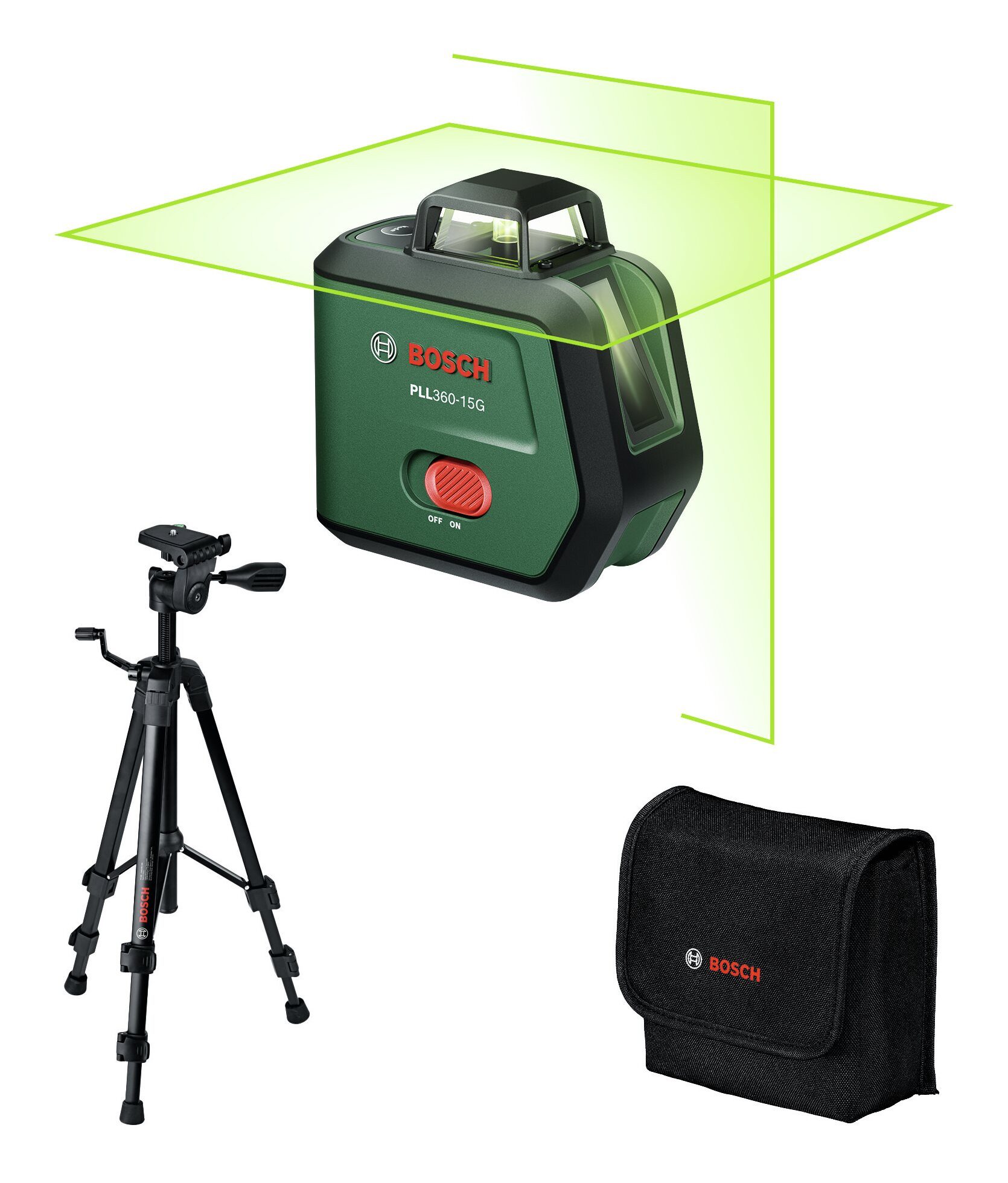 BOSCH Punkt- und Linienlaser PLL, Kreuzlinien-Laser PLL360-15G Set m. 1x Akku 3,6V 2 Ah & Stativ TT