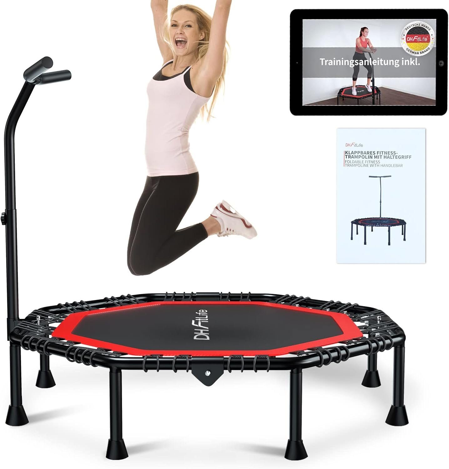 Handgriffstufen 128 cm, Jumping, Fitnesstrampolin Ø verstellbaren Indoor Fitness Trampolin Outdoor FitLife & mit DH Installation, klappbar, Gummiseilfederung 3 ohne Leise