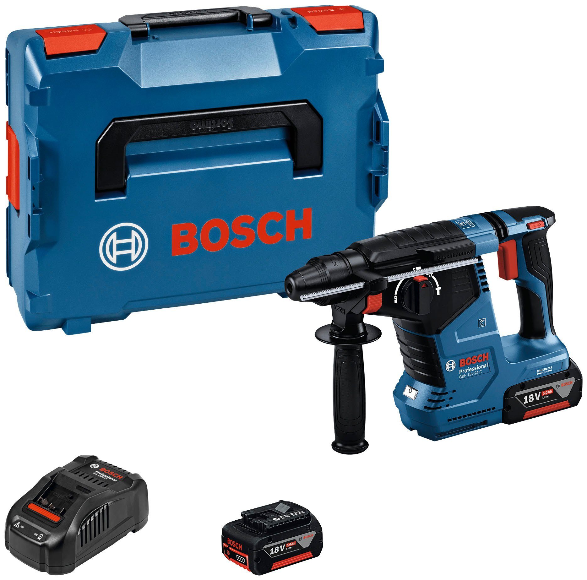 Bosch Professional Akku-Bohrhammer GBH 18V-24 C, 220-240 V, max. 980 U/min,  (Set), inkl. 2 Akkus und Ladegerät, Optimierter Antrieb für mehr Bohrlöcher  pro Ladung