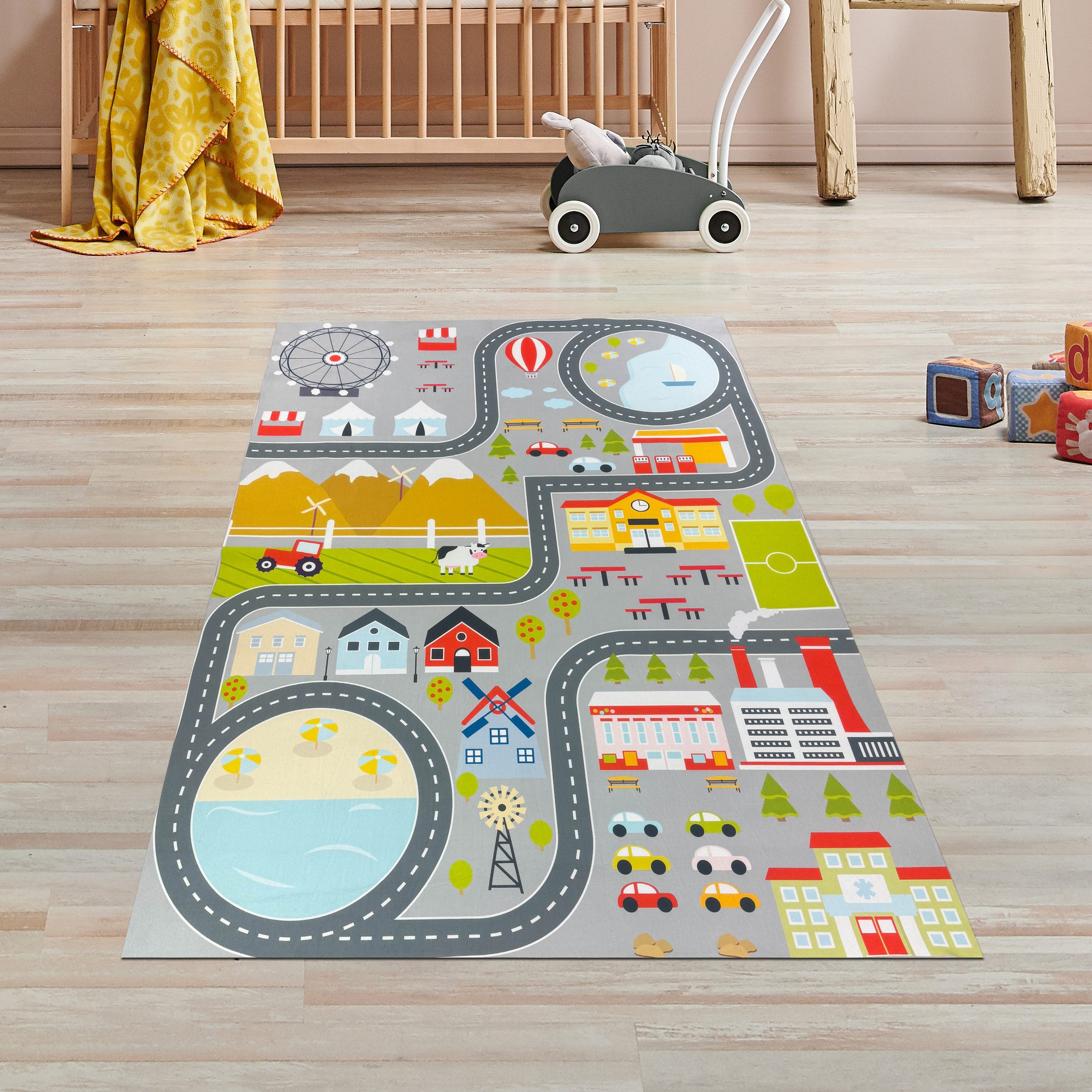 TeppichHome24 Kinderteppich Kinderzimmerteppich rutschsicher mit Städtemuster in Grau, rechteckig, Höhe: 5 mm