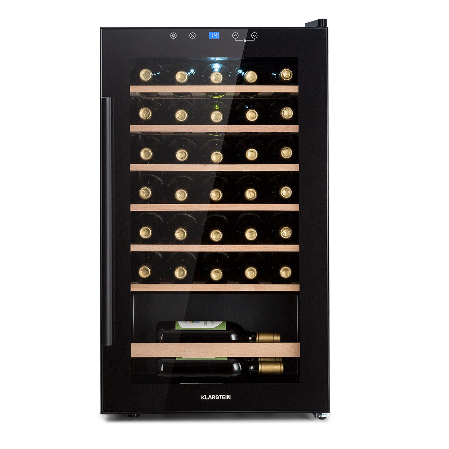 Klarstein Weinkühlschrank Barossa 32 Uno Weinkühlschrank 36 Fl 95L 5-18°C Touch LED 6 Holzregale, für 36 Standardflaschen á 0,75l,Flaschenkühlschrank Weintemperierschrank Weinschrank für 36 Flaschen