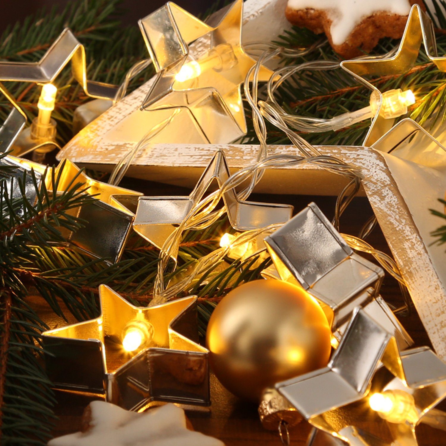 MARELIDA LED-Lichterkette Backformen silberne Sterne Backförmchen Weihnachten Plätzchen, 8-flammig | Lichterketten