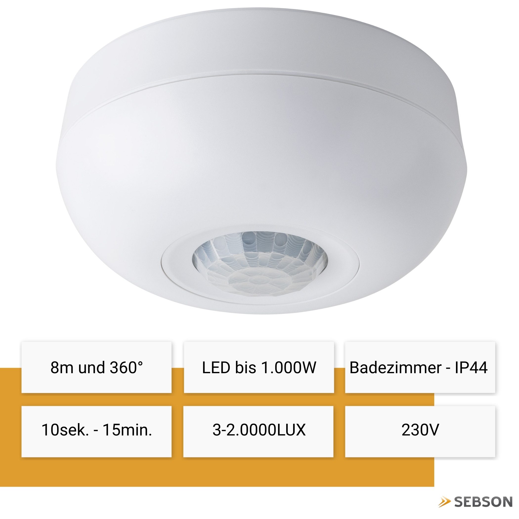 SEBSON Bewegungsmelder Infrarot Sensor Aufputz Unterputz Decke - Reichweite 8m 360° Winkel, (1-St), Aufputz Adapter, programmierbar, LED geeignet bis 1000W, 3 Draht