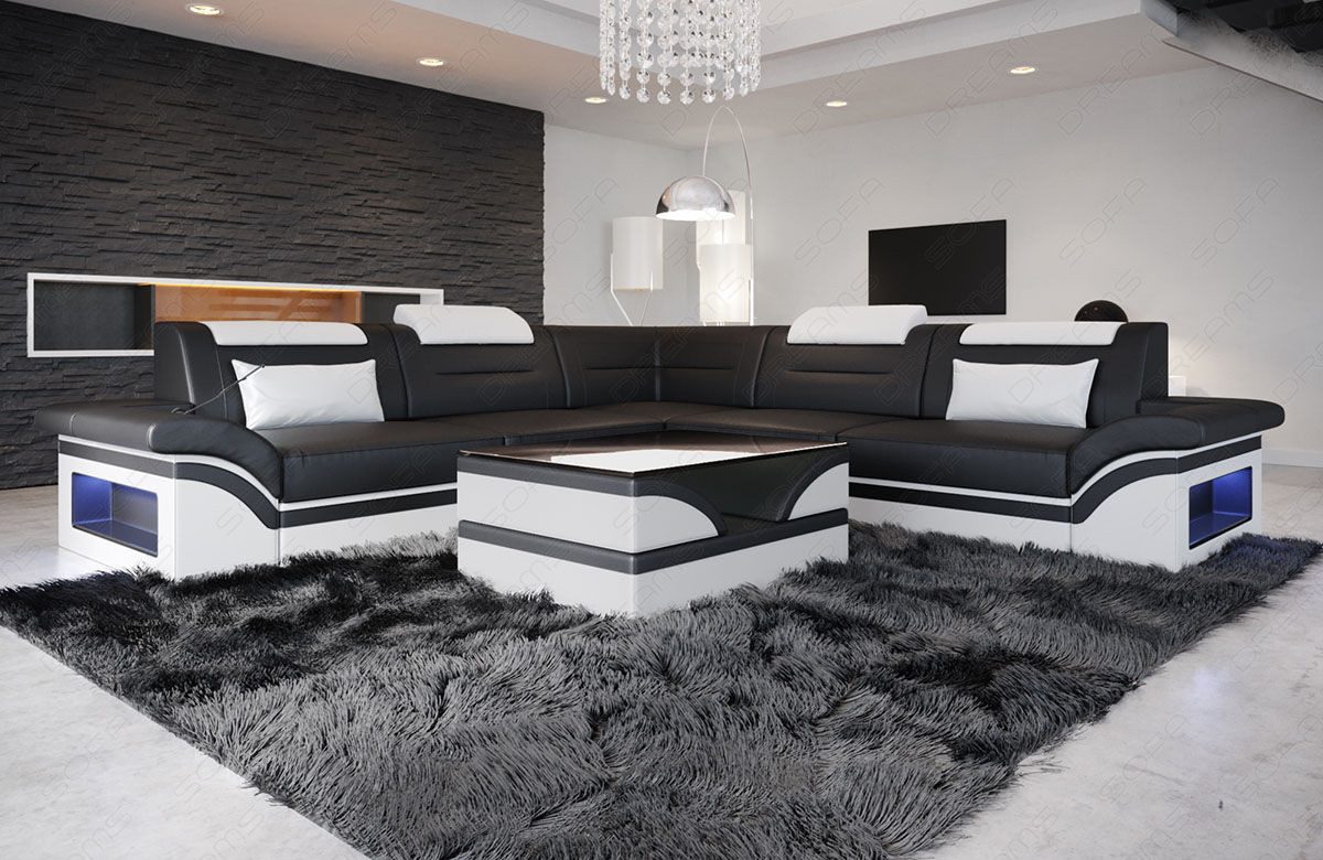 Sofa Dreams Ecksofa Brianza L Form Mini Leder, 4-Sitzer, LED-Beleuchtung, mehrere Farbkombinationen, USB, Kopfstützen