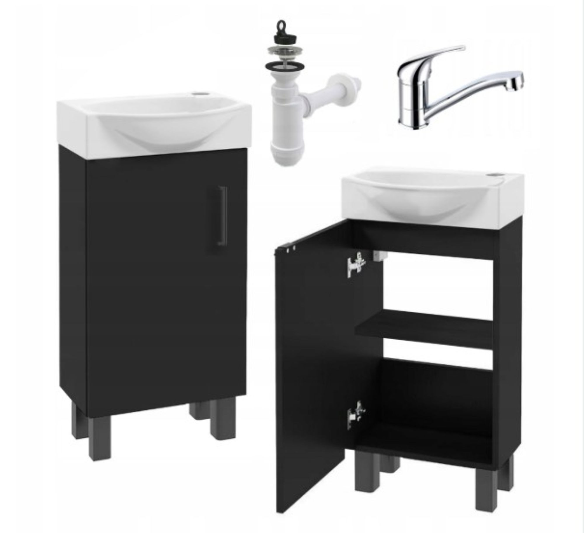 Waschbeckenunterschrank Badmöbel Standschrank 40 cm mit Waschbecken Schwarz Armatur Chrom