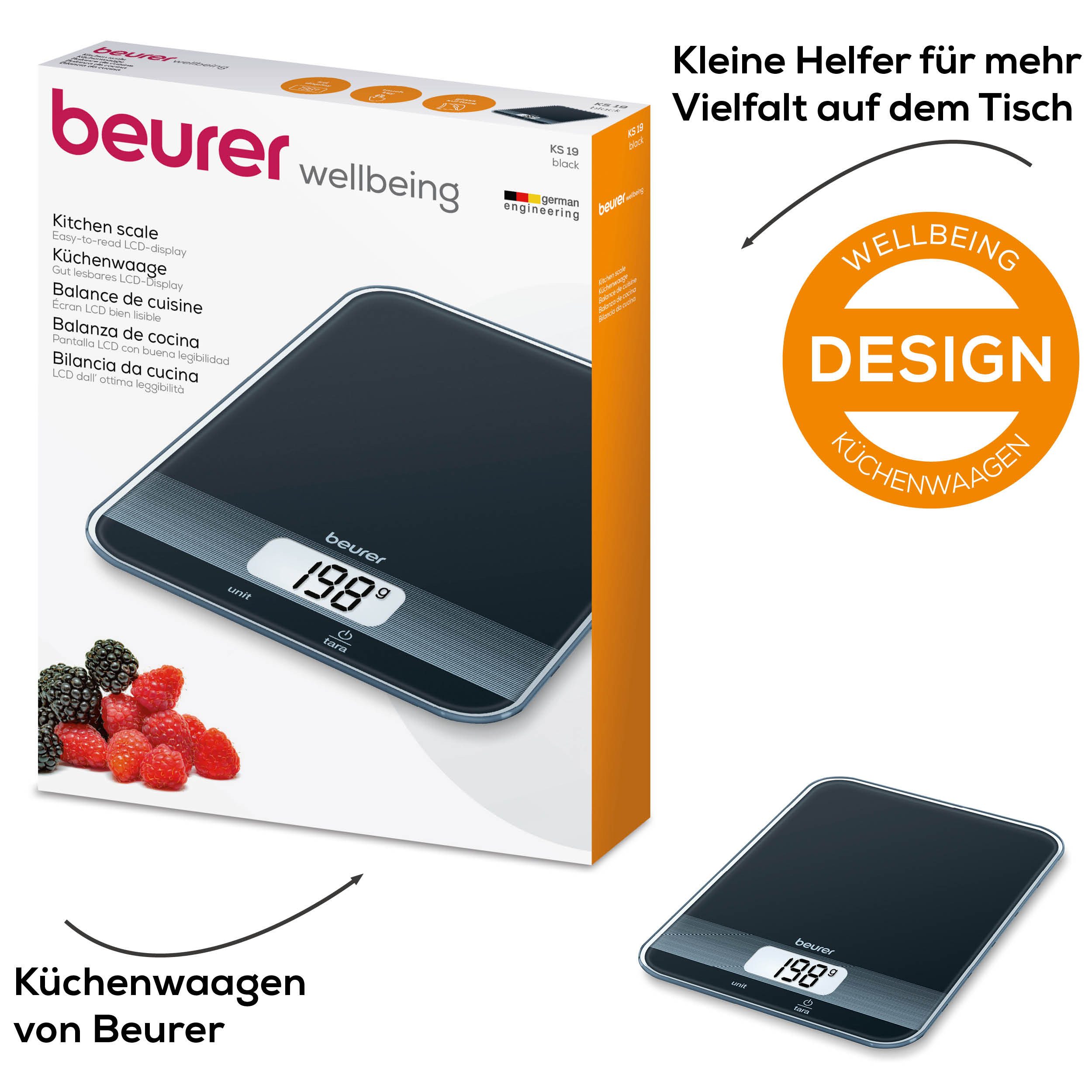 BEURER Küchenwaage KS 19 flaches Design mit 16 mm, leicht zu reinigende Glasoberfläche, Koch- und Backwaage mit 5 kg Tragkraft, mit Tara-Zuwiegefunktion