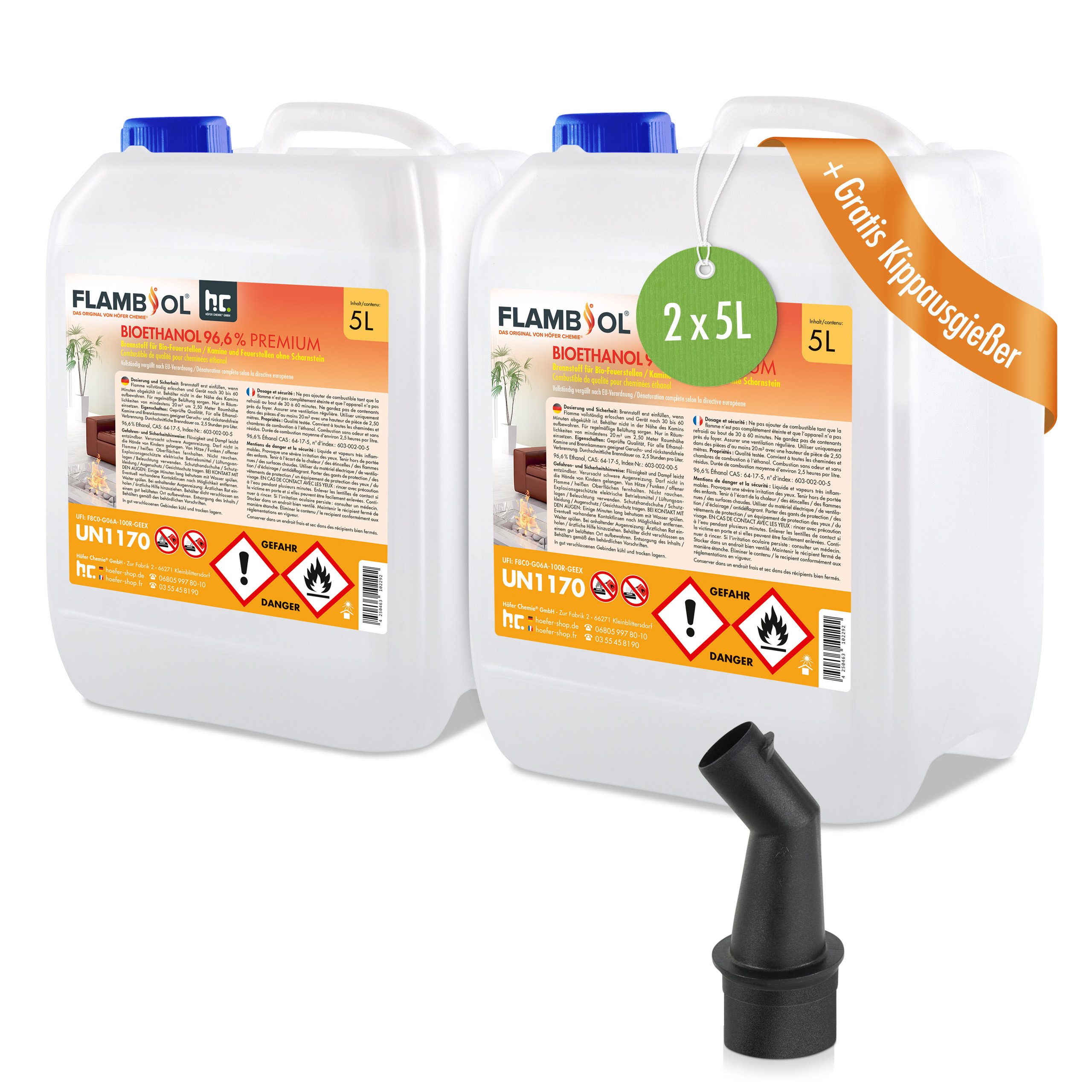Höfer Chemie GmbH Bioethanol 2x 5L FLAMBIOL® Bioethanol 96,6% Premium für Kamine & Ethanol-Brenner, 10 l, (2-St), Sauberer Brennstoff für Kamine und Feuerstellen