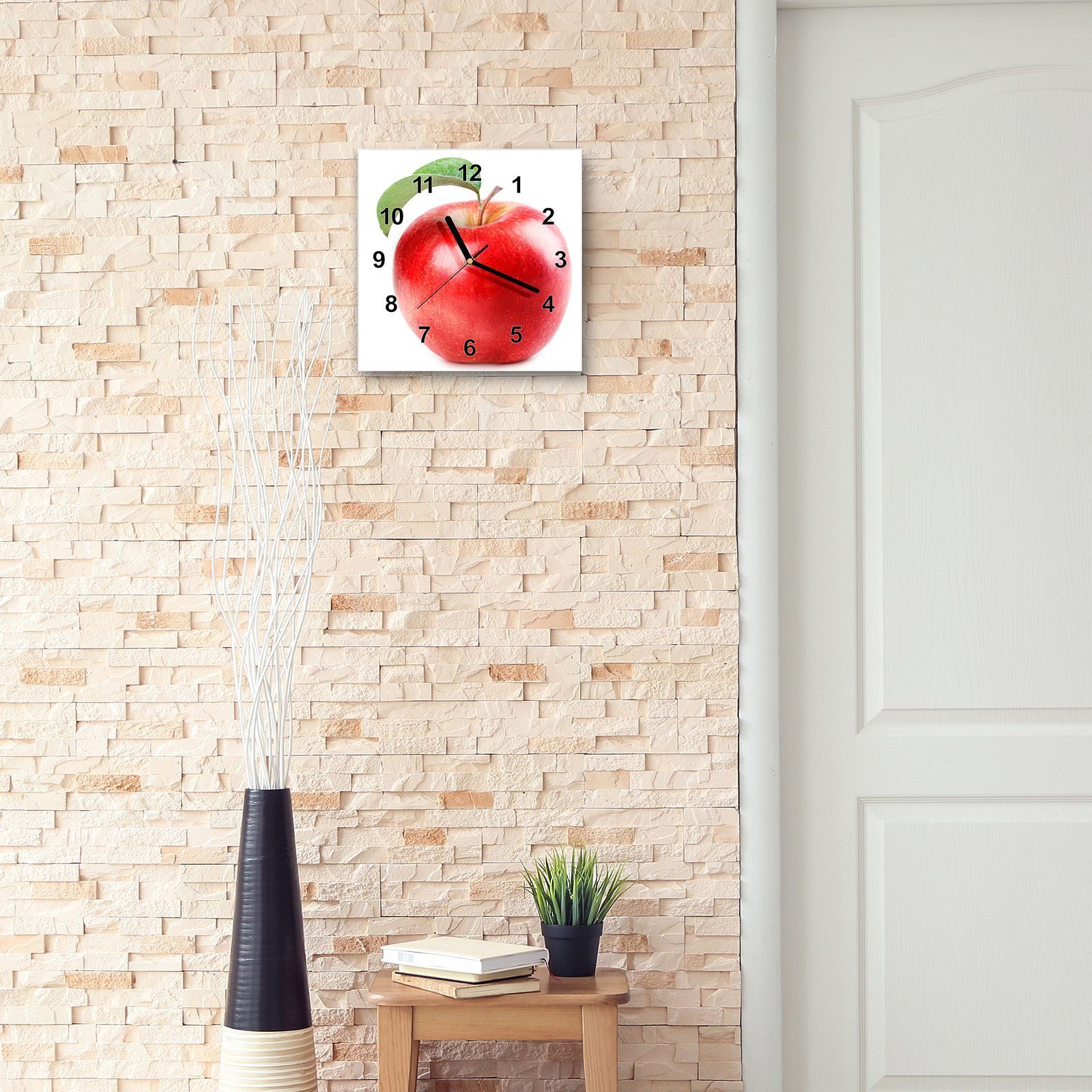 Wandkunst Wanduhr cm 30 Motiv 30 mit x Wanduhr Ein Primedeco Apfel Glasuhr roter Größe