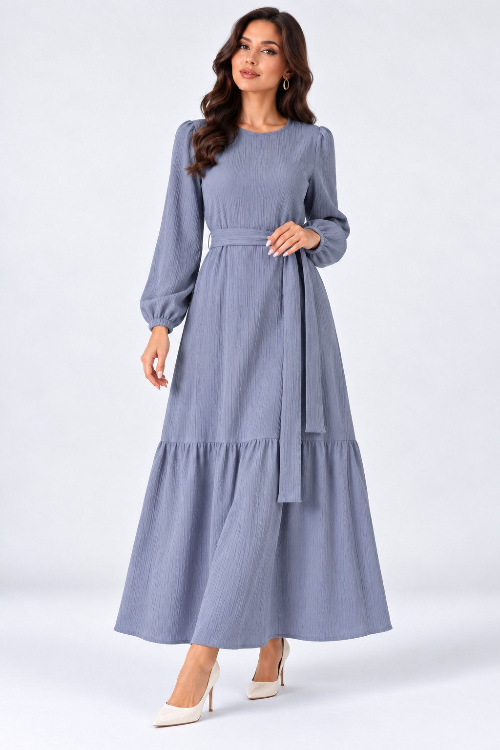 fashionshowcase Maxikleid Damen Crinkle Kleid mit Gürtel, Ballonärmel, 140 cm, Gr. 36–46 Mit Bindegürtel in Taille und dezentem Volant am Saum