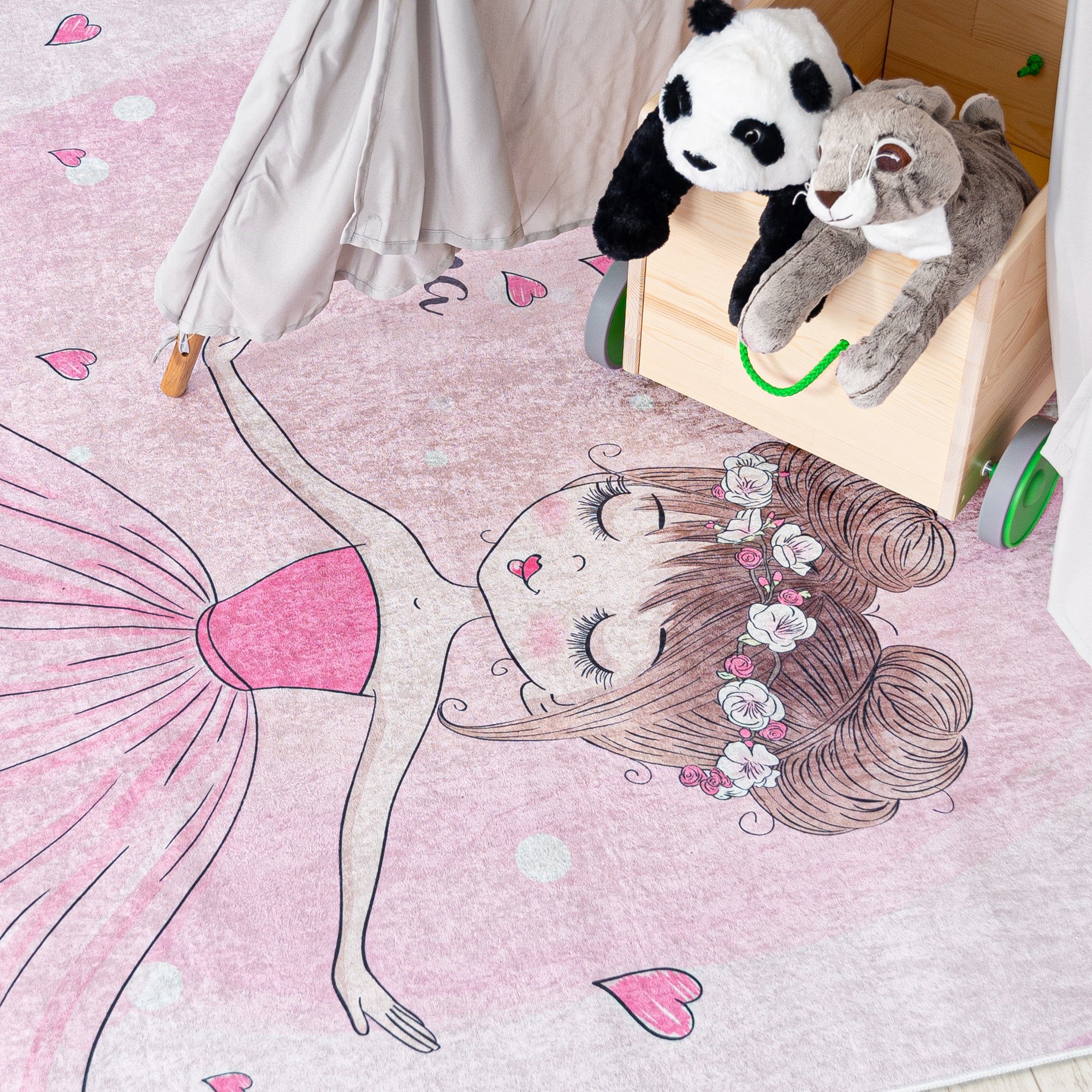Mazovia Kinderteppich Kinderteppich Kinderzimmerteppich Ballett Ballerina, 80 x 150 cm, Kurflor, Waschbar in Waschmaschine, Höhe 5 mm, Rutschfest