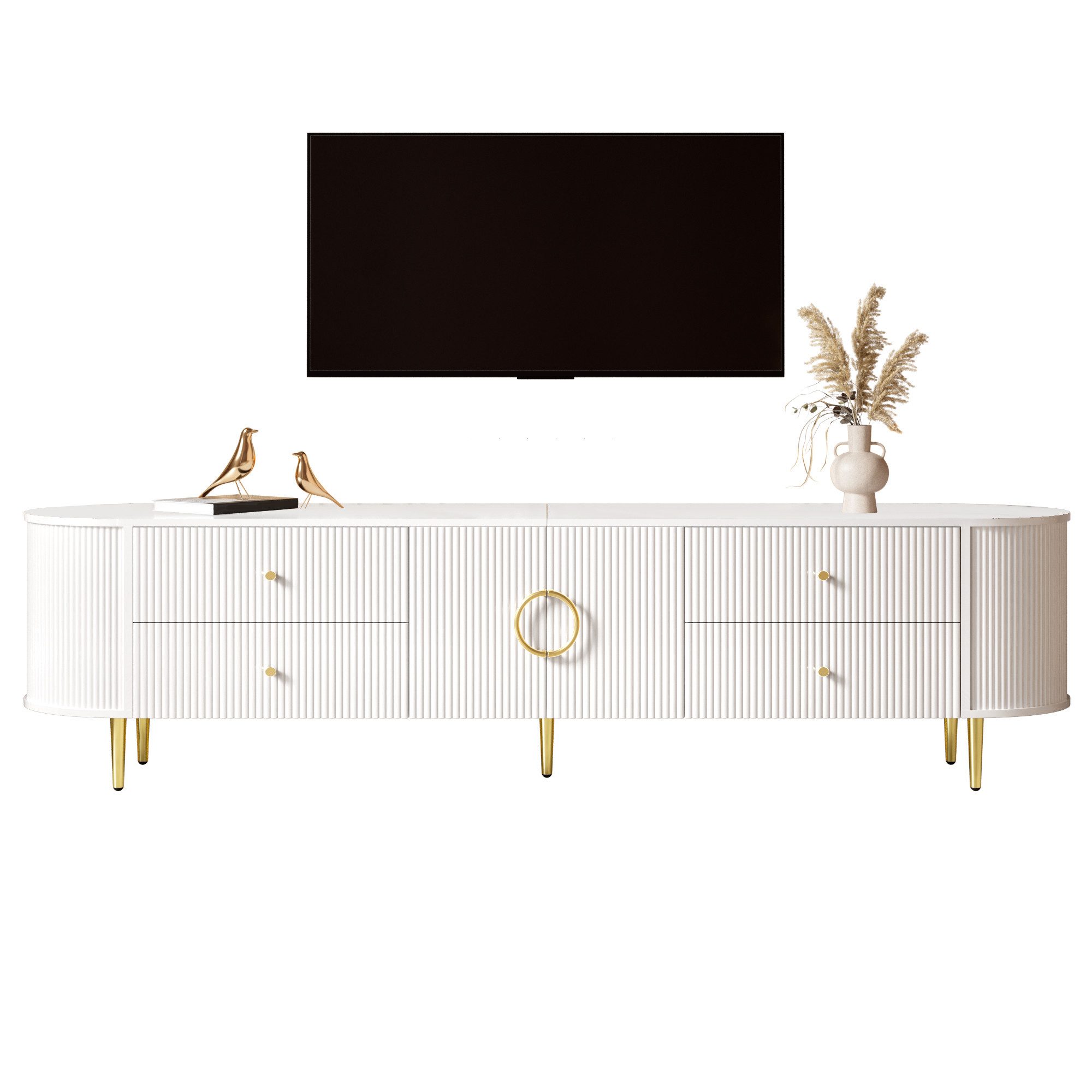 Merax Lowboard mit 3D Wellenfront & abgerundeten Kanten (180 x 40 x 38 cm, 1 St., TV Möbel mit Aluminiumgriffen & Kabeldurchlass), TV-Schrank mit 4 Schubladen, 2 Türen und Eisenfüßen