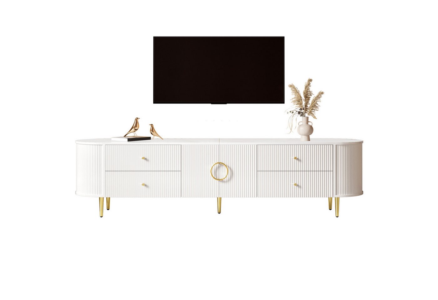 Merax Lowboard mit 3D Wellenfront & abgerundeten Kanten (180 x 40 x 38 cm, 1 St., TV Möbel mit Aluminiumgriffen & Kabeldurchlass), TV-Schrank mit 4 Schubladen, 2 Türen und Eisenfüßen