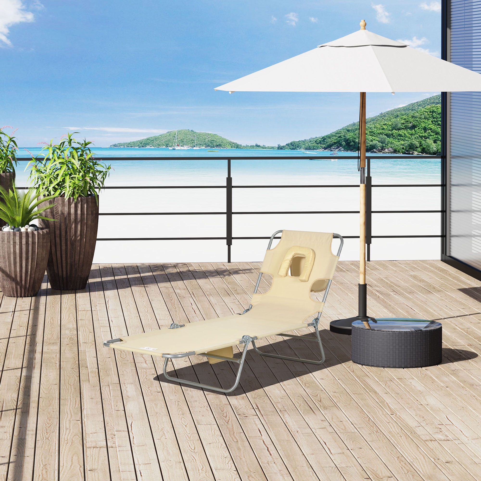 Outsunny Gartenliege mit Lesefenster, Kopfkissen, 5-Fach verstellbare Rückenlehne, Liegestuhl, 1 St., Sonnenliege, bis 120 kg belastbar, für Garten Strand Pool, Beige