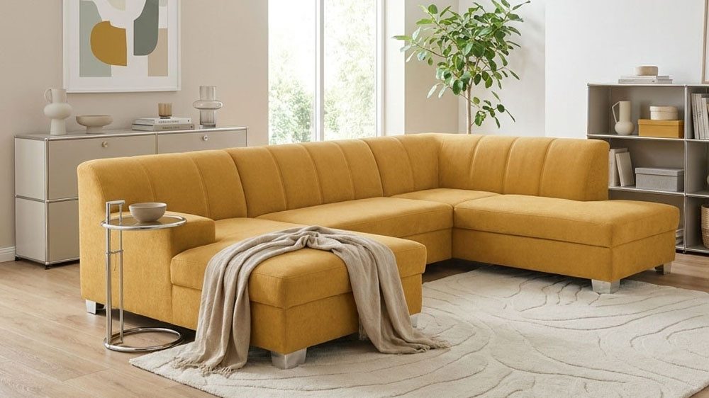 OTTO home Wohnlandschaft Lolland 296 x 195 cm, modern, mit Steppungen, mittelfester Sitz, U-Form, aus pflegeleichtem, weichem Luxus-Microfaser