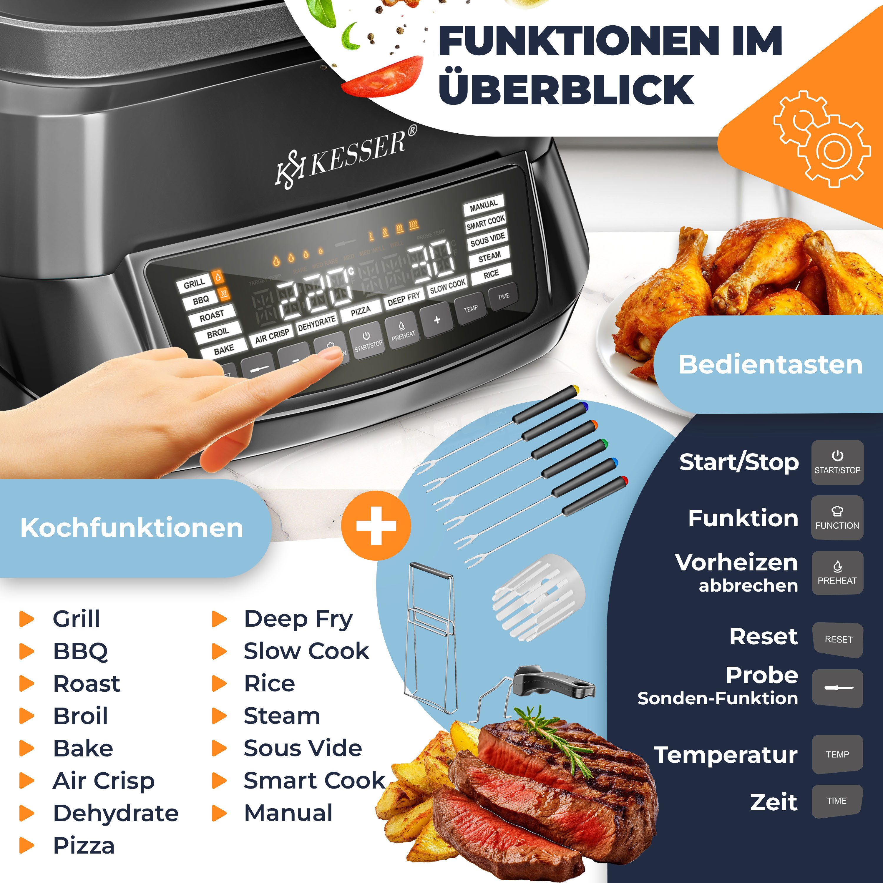 KESSER Multikocher Küchengerät mit 16 Programmen Grillen, Backen, Schmoren, Dampfgaren, 1800 W, All-in-One Slow Cooker, Schnellkochkopf, Heißluftfritteuse, Reiskocher