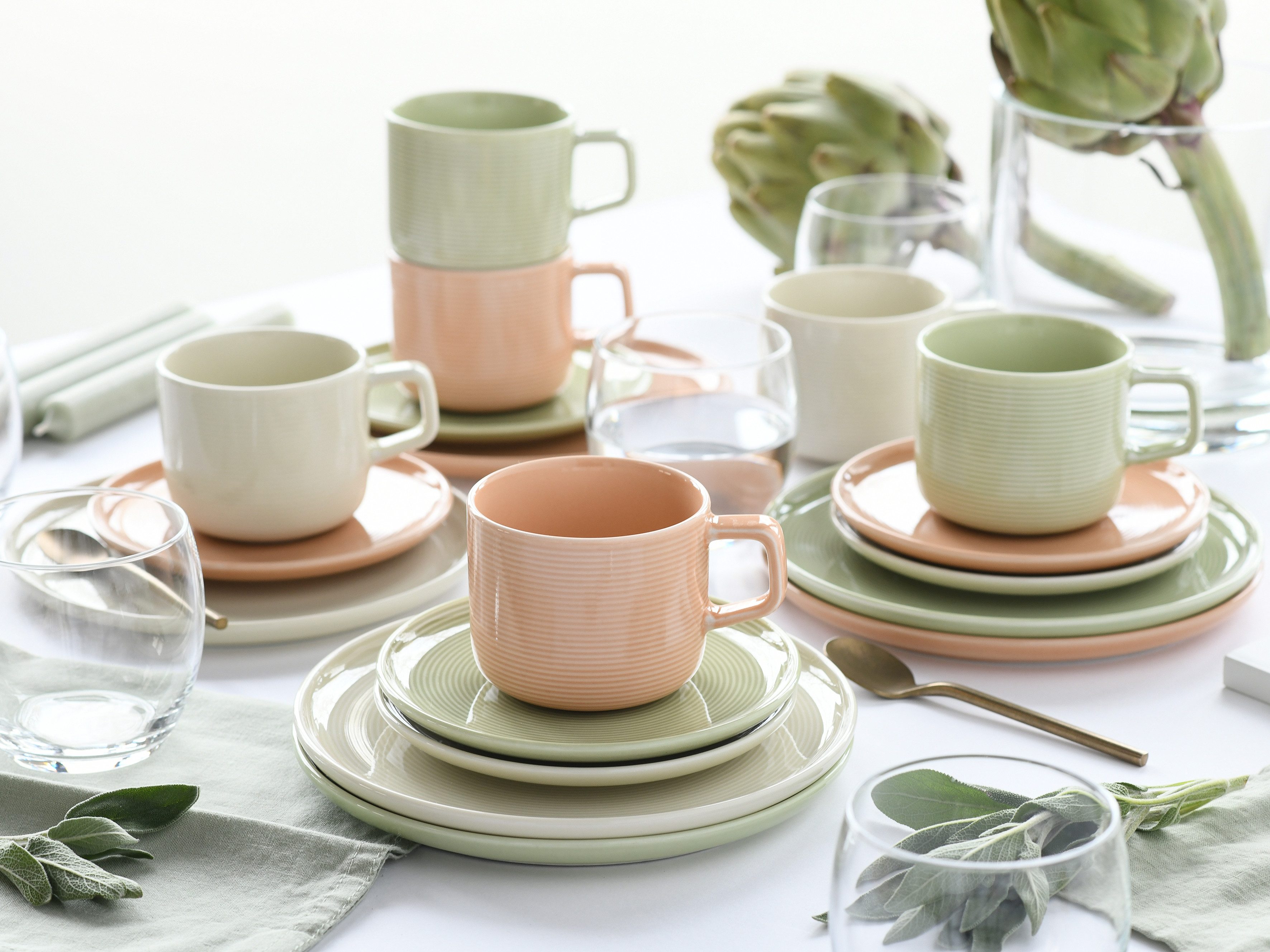 CreaTable Kaffeeservice Session, Service, 18-tlg. (18-tlg), 6 Personen, Porzellan, Teller ohne Fahne mit großem Spiegel, Elegantes Rillenrelief