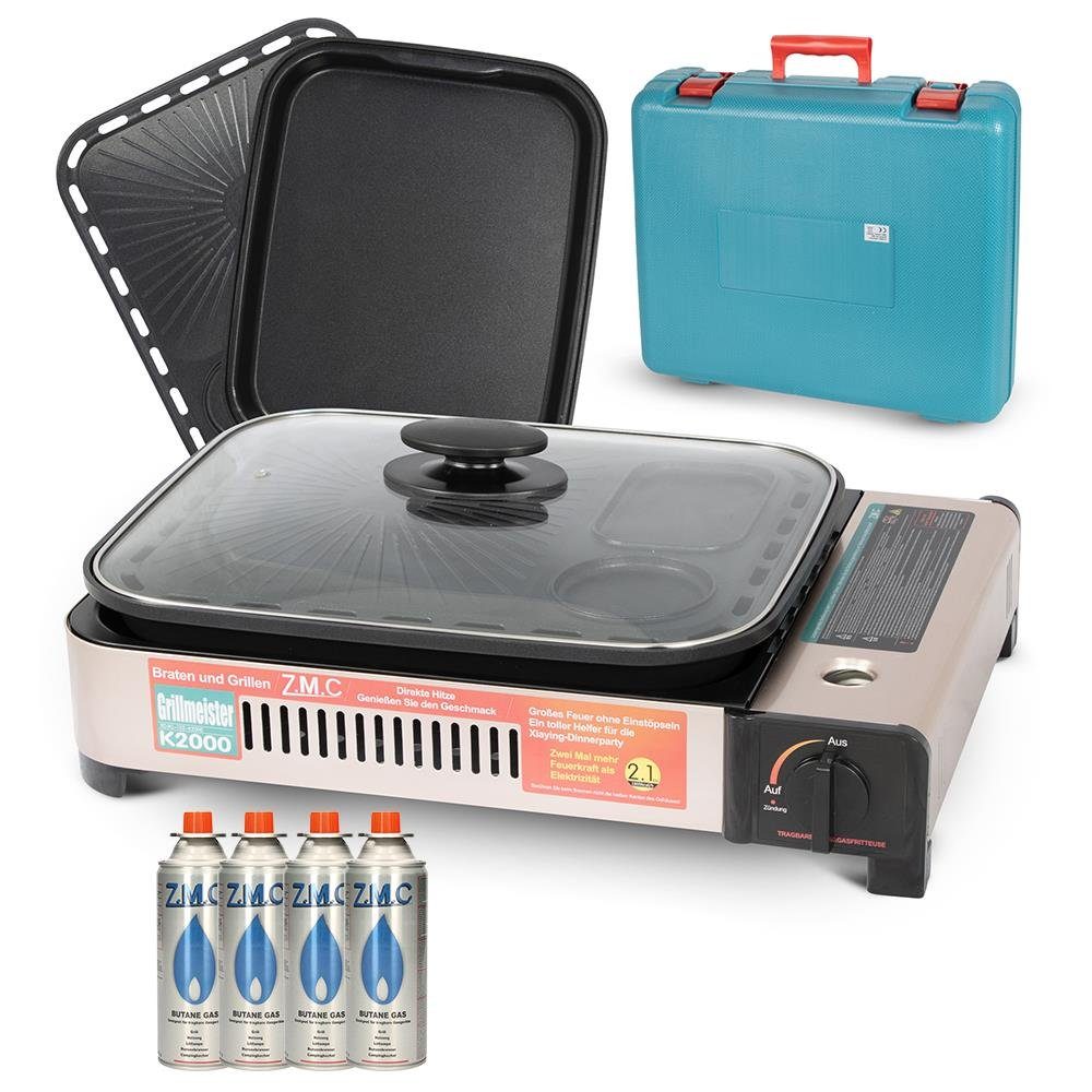 Gaskocher 2in1 Gas Kocher Campingkocher + Grillplatte + Grillpfanne Gasgrill