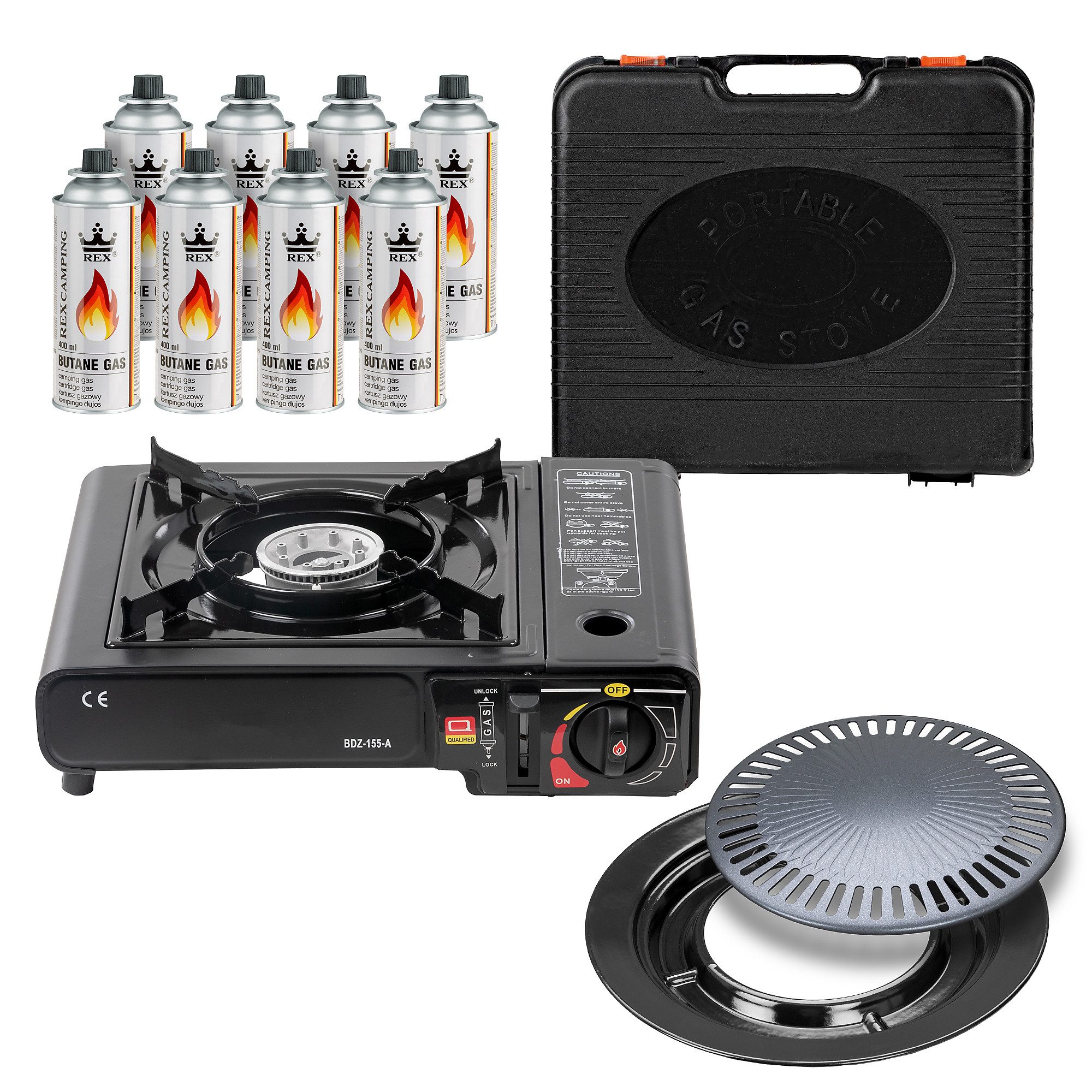 Mianova Camping-Gasgrill 1 flammig Campingkocher Gaskocher + 8 Gasflaschen Grillplatte Koffer, Gas Gaskocher Gaskartuschen BBQ Barbecue Campingherd Stromausfall Notkocher Grillplatte Herd Tischgrill, Outdoor Camping Notfallkocher Outdoor Grill Notfall für