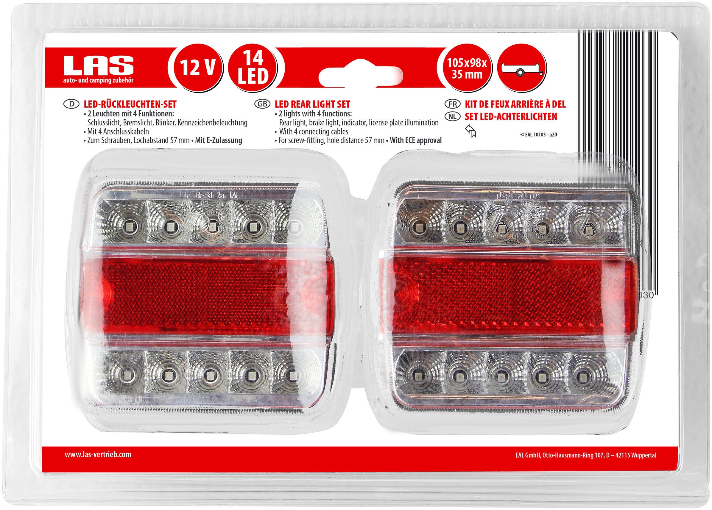 LAS Anhänger-Rückleuchte LED Rückleuchten Set für Anhänger 12V, Blinker, Bremslicht, Kennzeichenbeleuchtung, Rückleuchte, LED fest integriert, Neutralweiß, rot