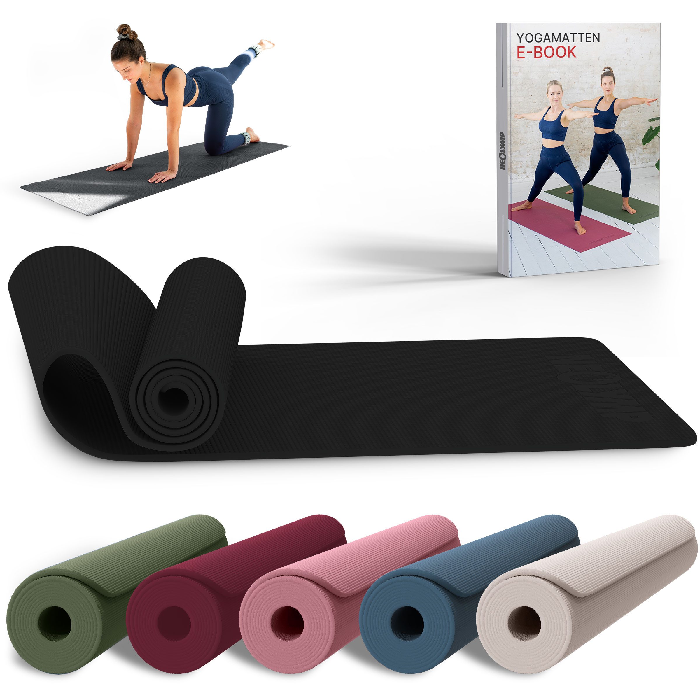 NEOLYMP Yogamatte Yogamatte rutschfest & gelenkschonend – Gelenkschonende Gymnastikmatte (Pilates Matte für Yoga, Workout – inkl. E-Book & Video Übungen), Fitnessmatte für Zuhause – 183x61cm Trainingsmatte aus PVC –Sportmatte