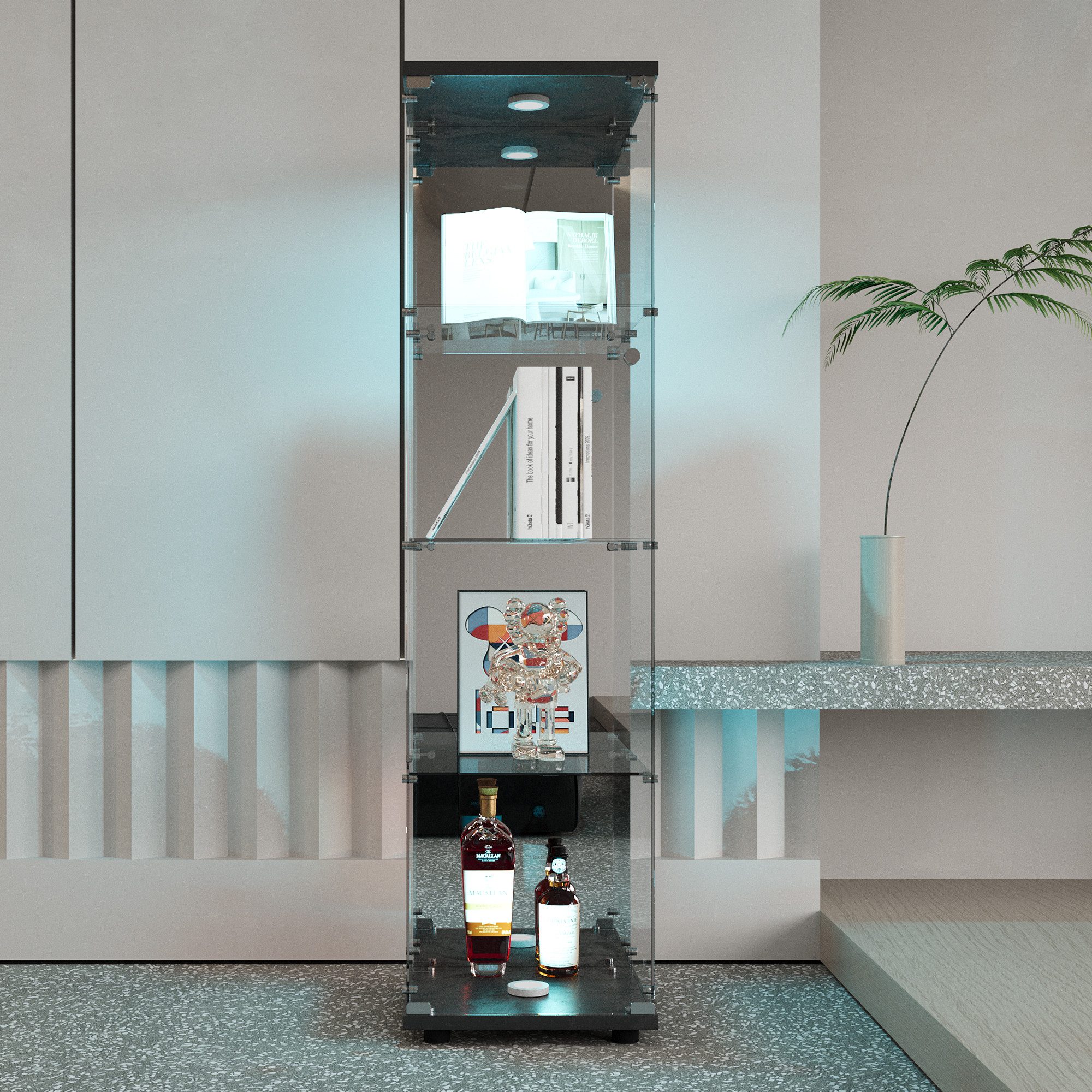 BELUPAI Glasvitrine Modern Glas Vitrinenschrank mit LED-Beleuchtung (Set, 1-St., 4 Lagen Standvitrine mit 1 Glastür, Rückwand mit Spiegel) für Sammlerstücke Bücher Wein, 40x36x164cm, Schwarz
