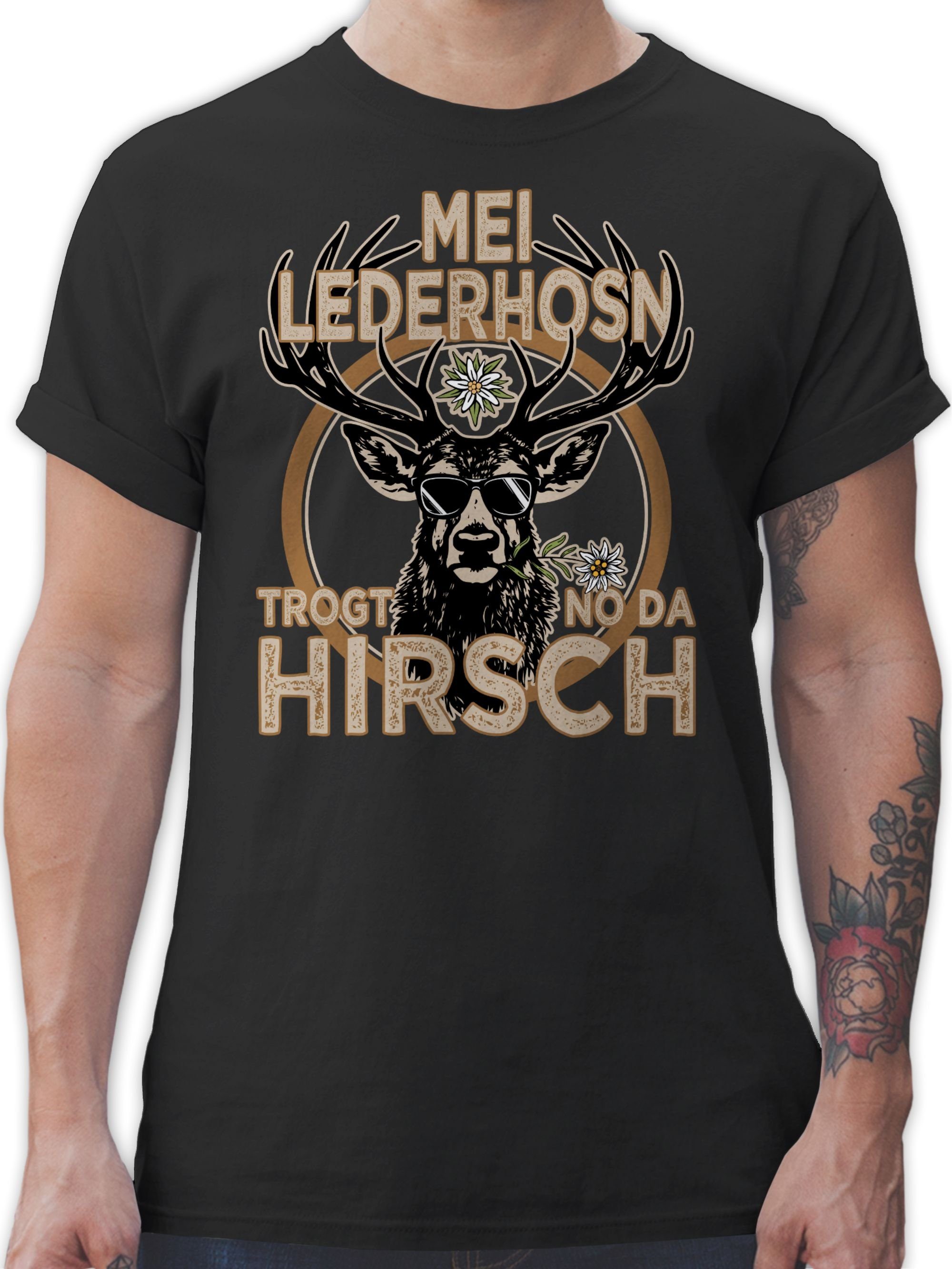 Shirtracer T-Shirt Trachten Outfit Lederhose Spruch Trägt der Hirsch Mode für Oktoberfest Herren 02 Schwarz