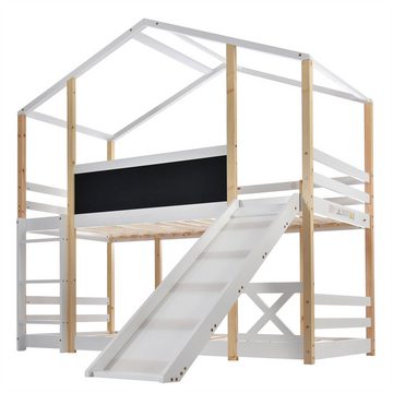 XDeer Etagenbett Kinderbett Baumhaus mit Rutsche & Leiter 90 x 200 cm, Hochbett für Kinder– 2x Lattenrost- Natur & Weiß