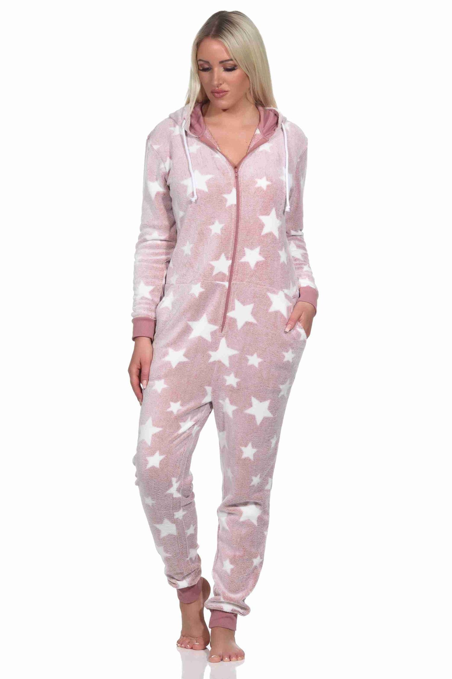 Pyjama Damen Schlafanzug Jumpsuit Overall in Sterneoptik aus Coralfleece