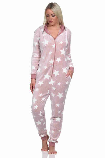 Normann Pyjama Damen Schlafanzug Jumpsuit Overall in Sterneoptik aus Coralfleece