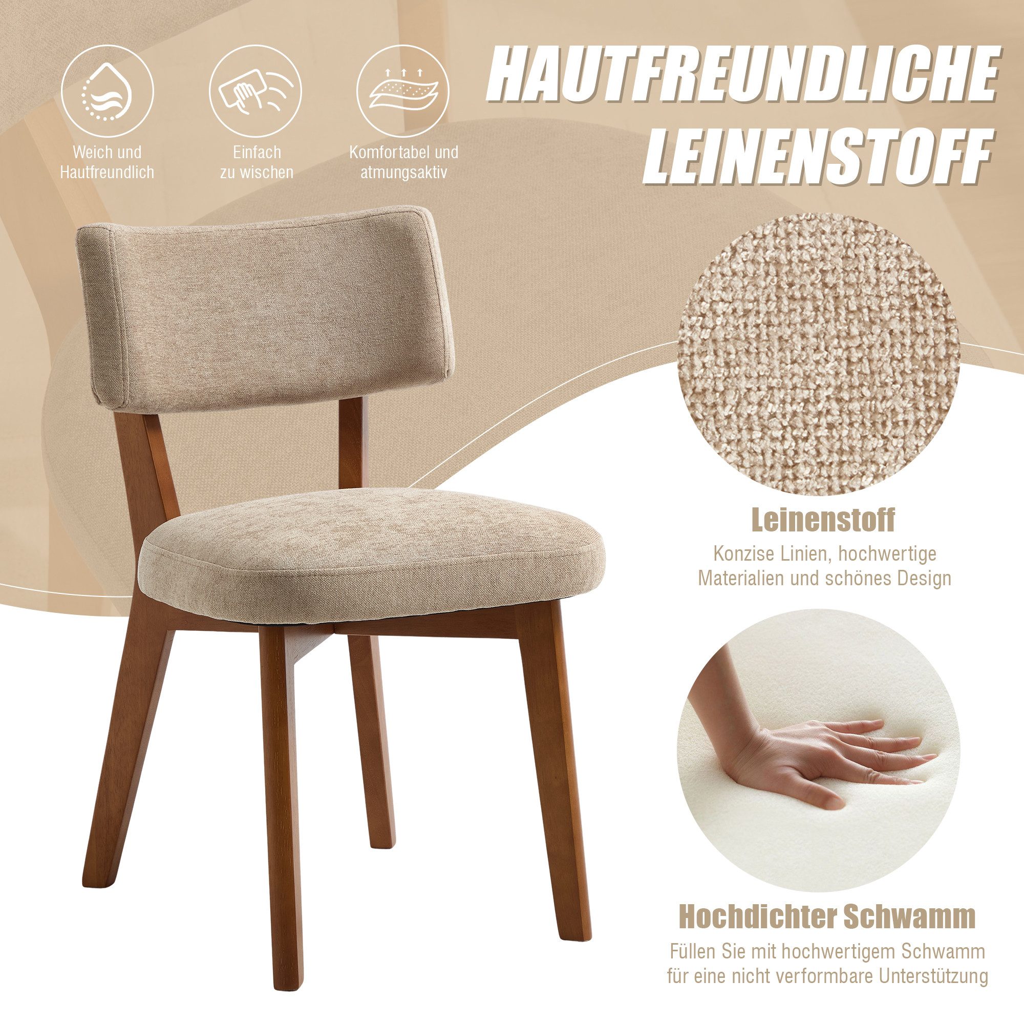 OKWISH 4-Fußstuhl Esszimmerstuhl (2er-Set mit Holzbeinen & gepolstertem Stoff), Polsterstuhl, ergonomisch