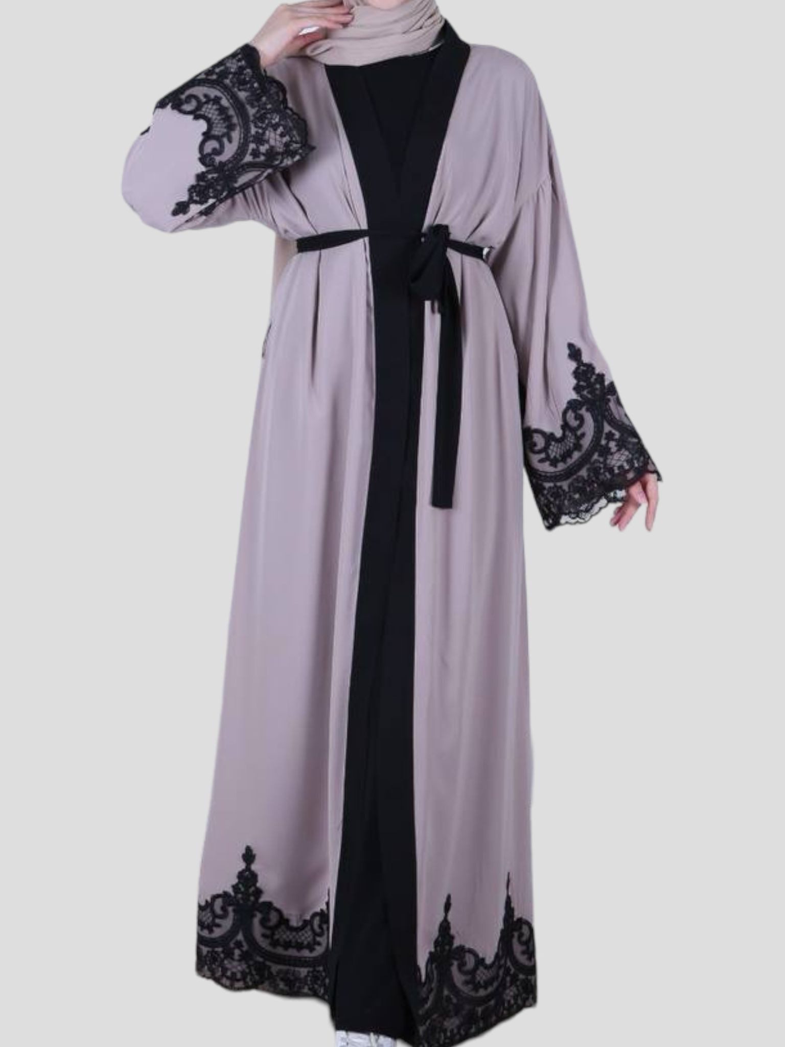 Aymasal Maxikleid Kimono Almas Abaya Kaftan Cardigan islamische Kleidung Gebetskleidung Verzierungen an den Ärmeln und am Unterteil, Mit schwarzem Gürtel