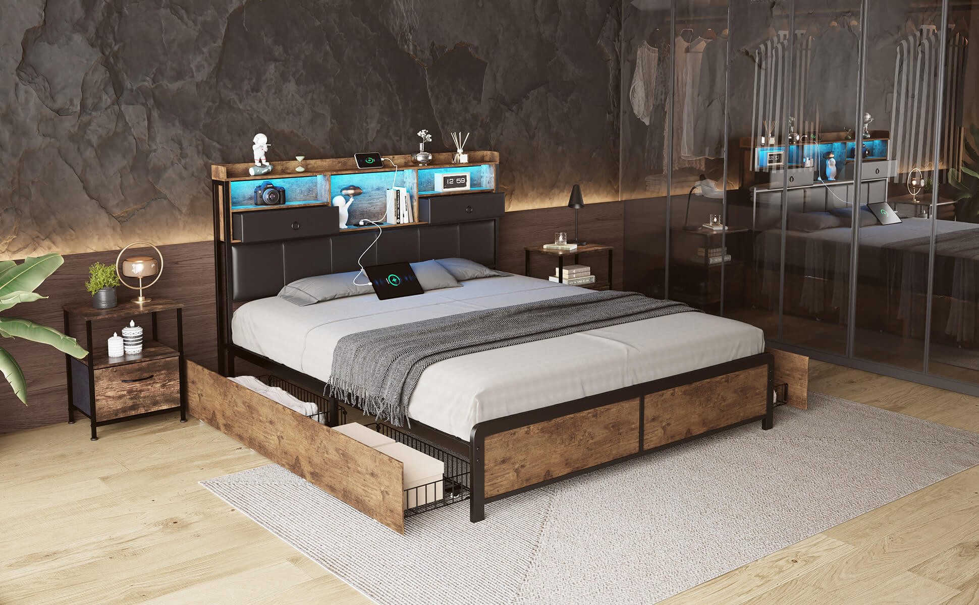 Polsterbett Stauraumbett Doppelbett Eisenbett LED